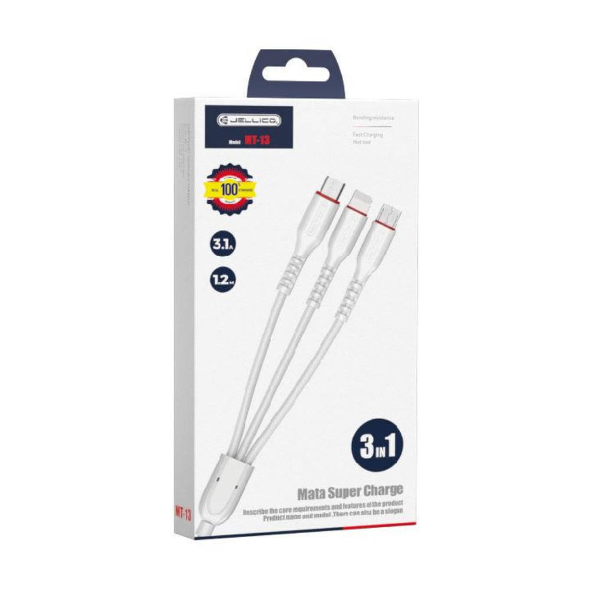 

Kabel 3w1 3.1A 1,2m USB - Lightning + USB-C + Micro USB Jellico MT-13 biały