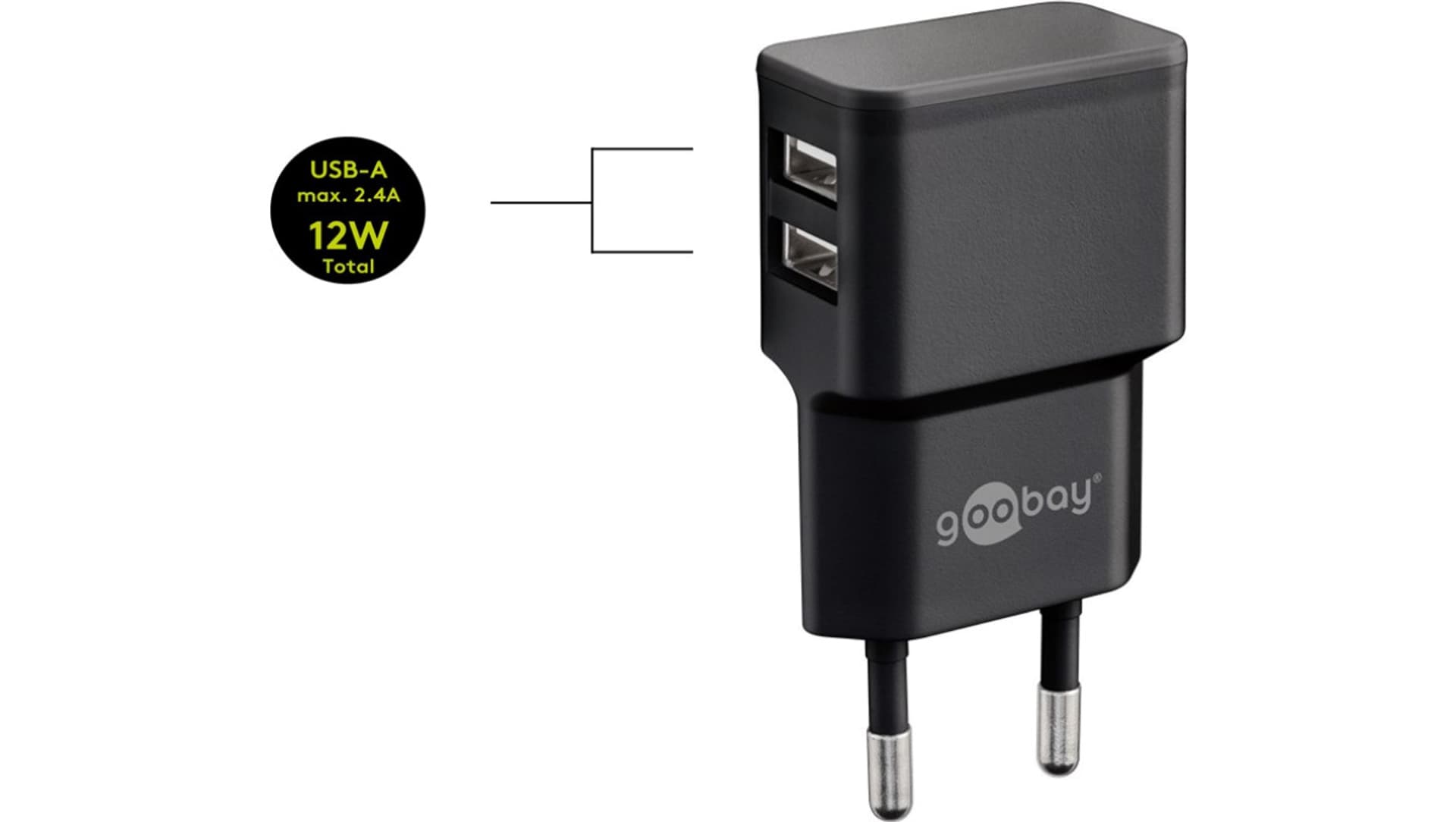 

Goobay Dual USB charger 44951 2.4 A, 2 USB 2.0 female (Type A), Black, 12 W