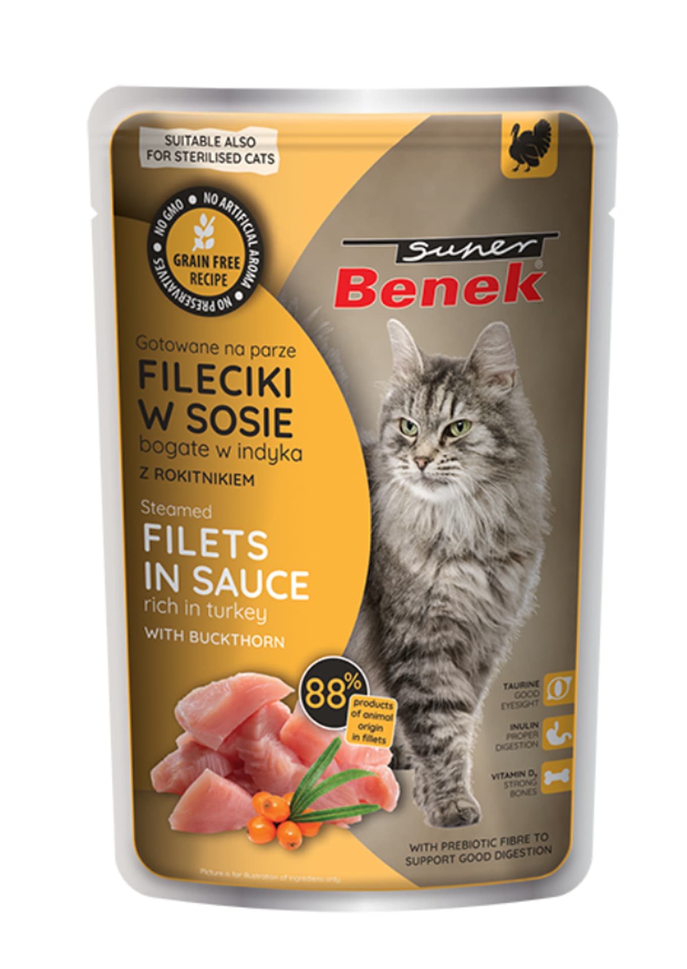 

SUPER BENEK Bezzbożowe fileciki gotowane na parze bogate w indyka, z rokitnikiem, w sosie 85g