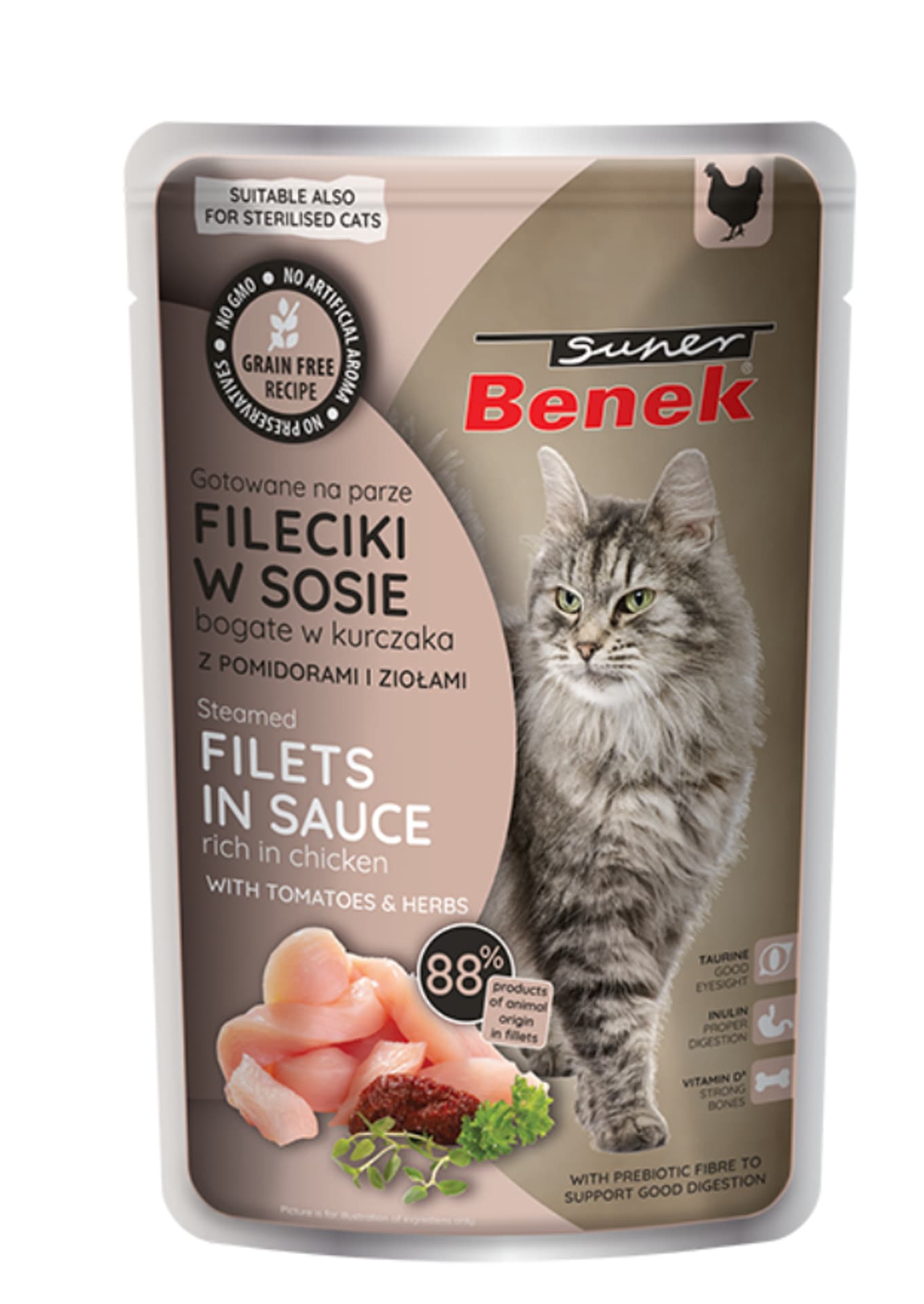 

SUPER BENEK Bezzbożowe fileciki gotowane na parze bogate w kurczaka, z pomidorami i ziołami, w sosie 85g