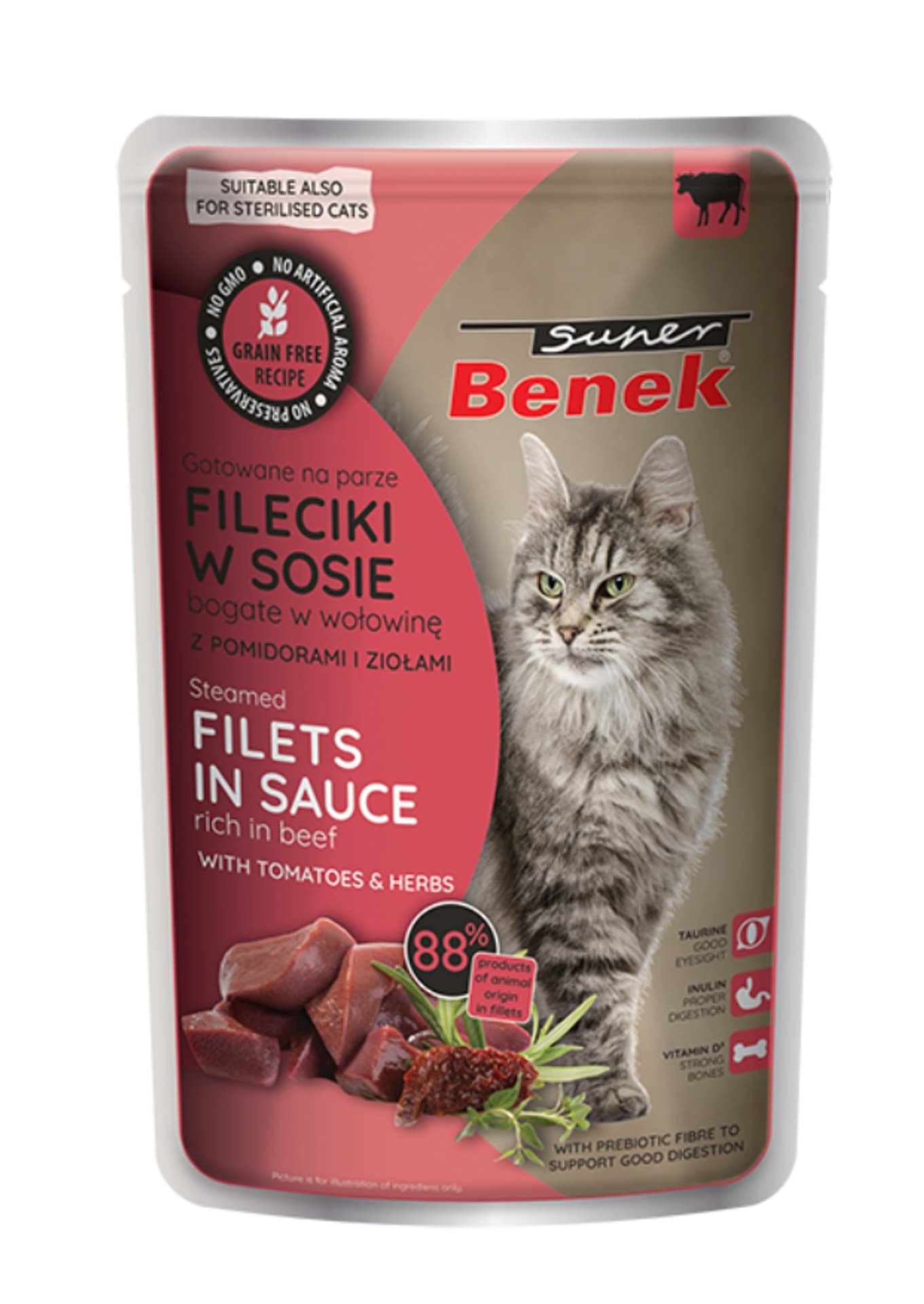 

SUPER BENEK Bezzbożowe fileciki gotowane na parze bogate w wołowinę, z pomidorami i ziołami, w sosie 85g