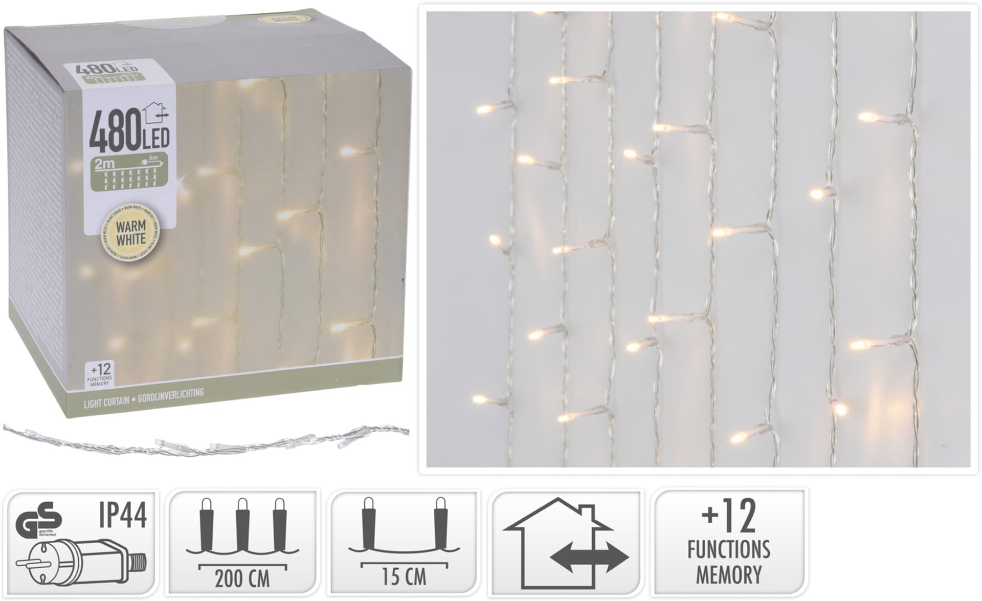 

LED KURTYNA 480LED WARM WHITE 2M 12FUNKCJI