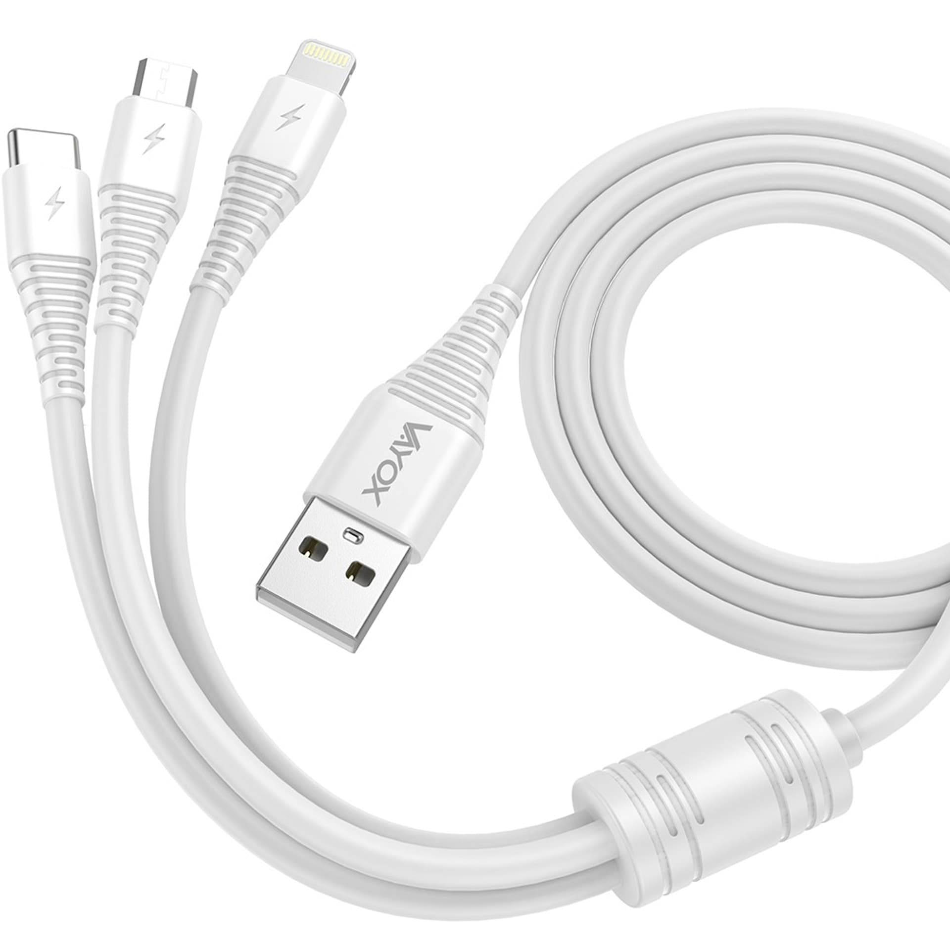 

Kabel USB 3w1 micro USB, USB-C, lightning 1m biały