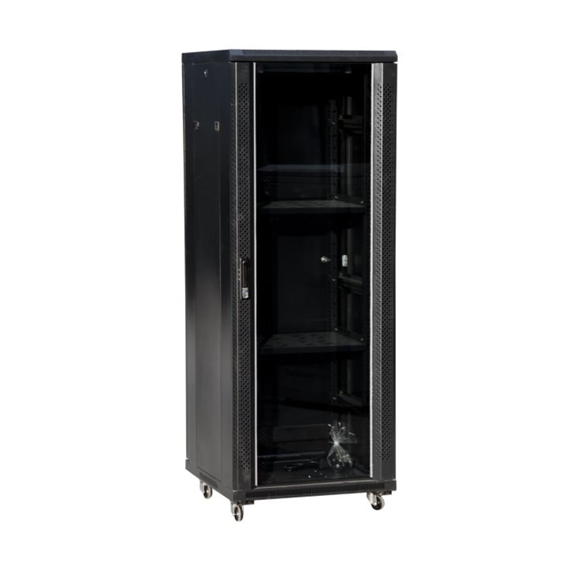 

Szafa 24U 600x600, drzwi przednie szklane, osłona tylna metalowa pełna, zamek, 4 belki nośne, 4 regulowane stopki, do samodzielnego montażu, kolor czarny Q-LANTEC - Q-LANTEC