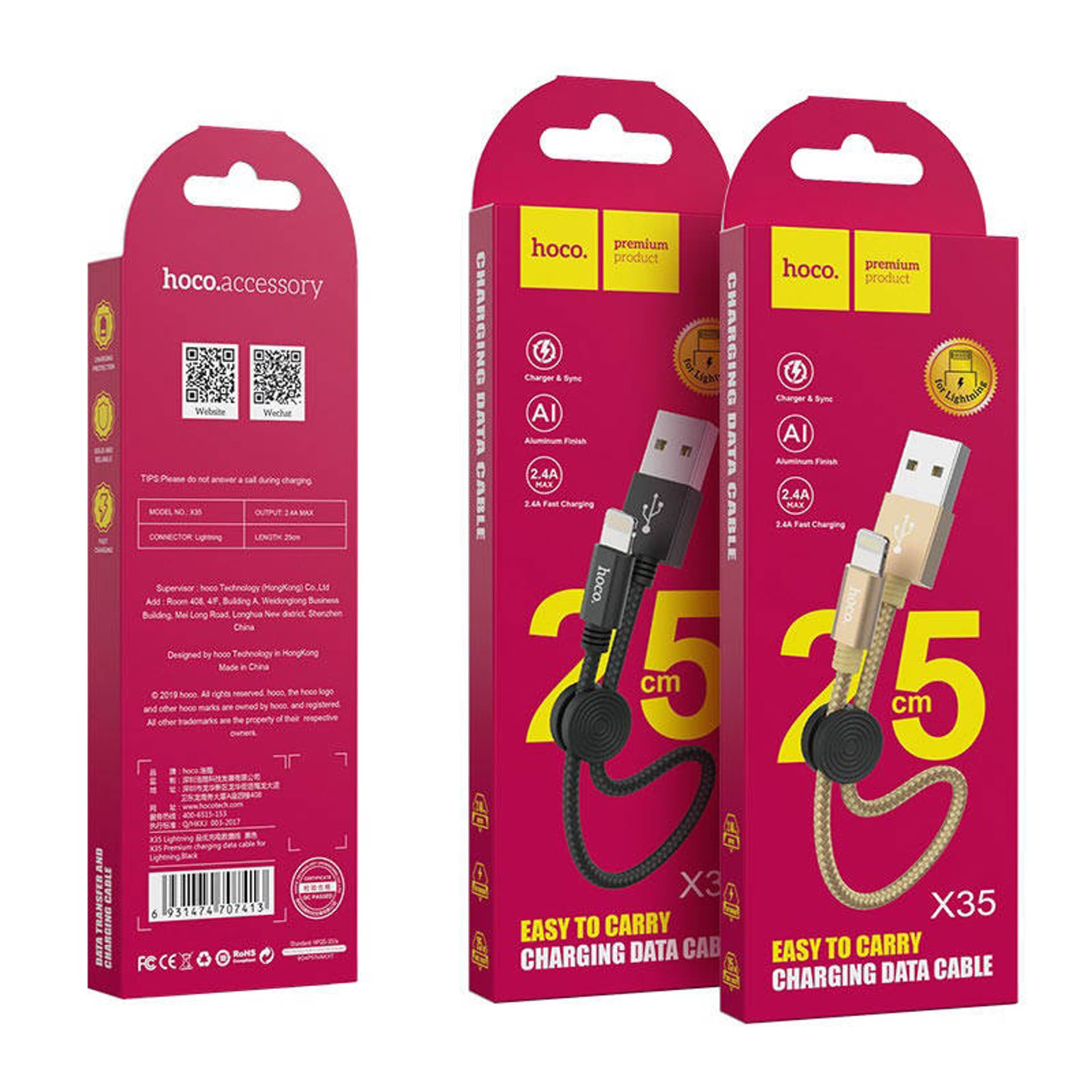 

Kabel 2.4A 0,25m USB - Lightning Hoco X35 czarny