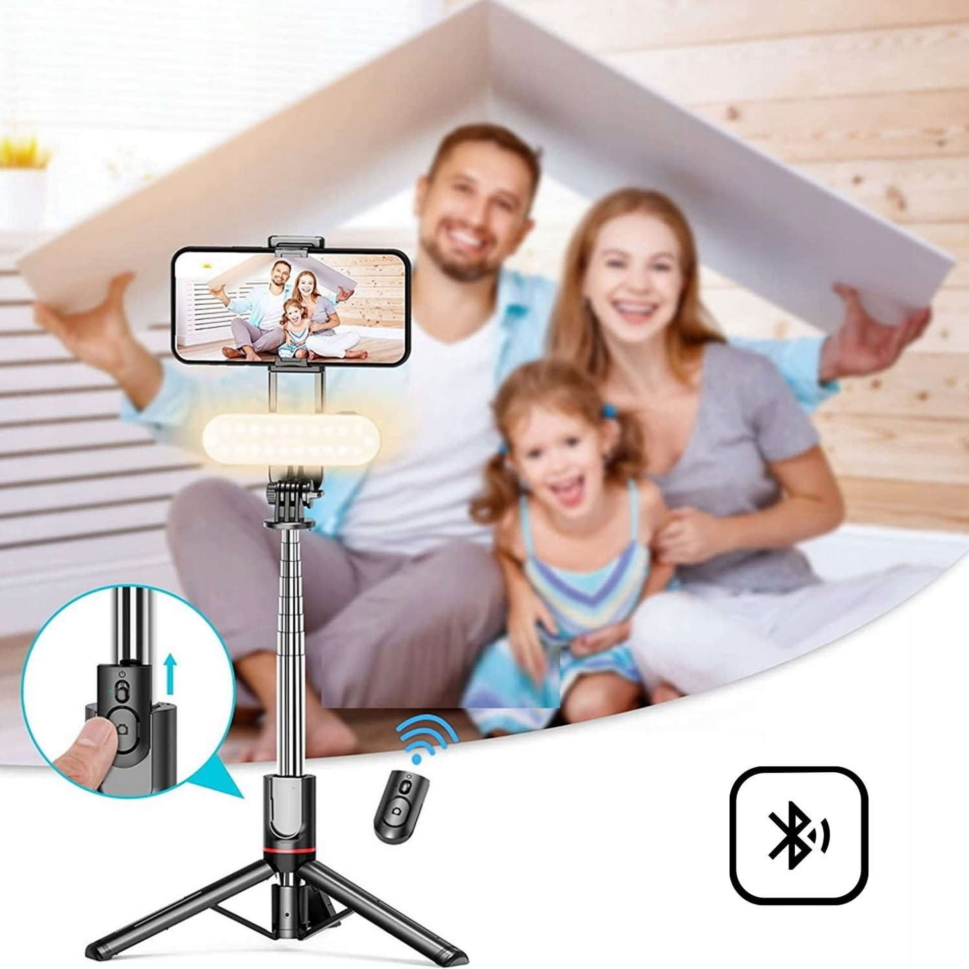 

Kijek Selfie Stick uchwyt do telefonu zdjęć statyw Tripod L15 z Lampa LED + Pilot Bluetooth na telefon Czarny