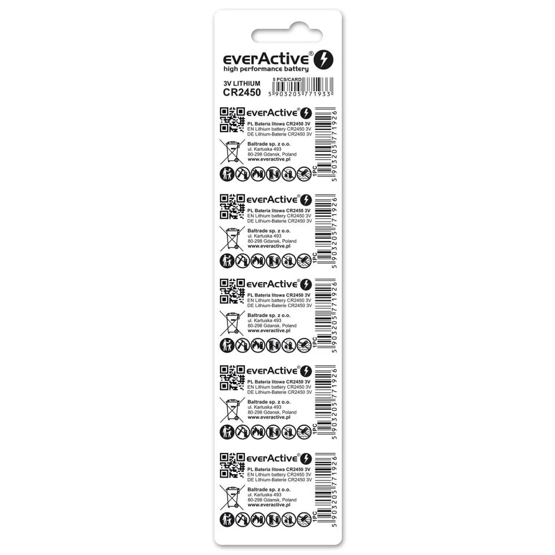 

Bateria EVERACTIVE CR2450/DL2450/BR2450 3V litowa blister (5szt)