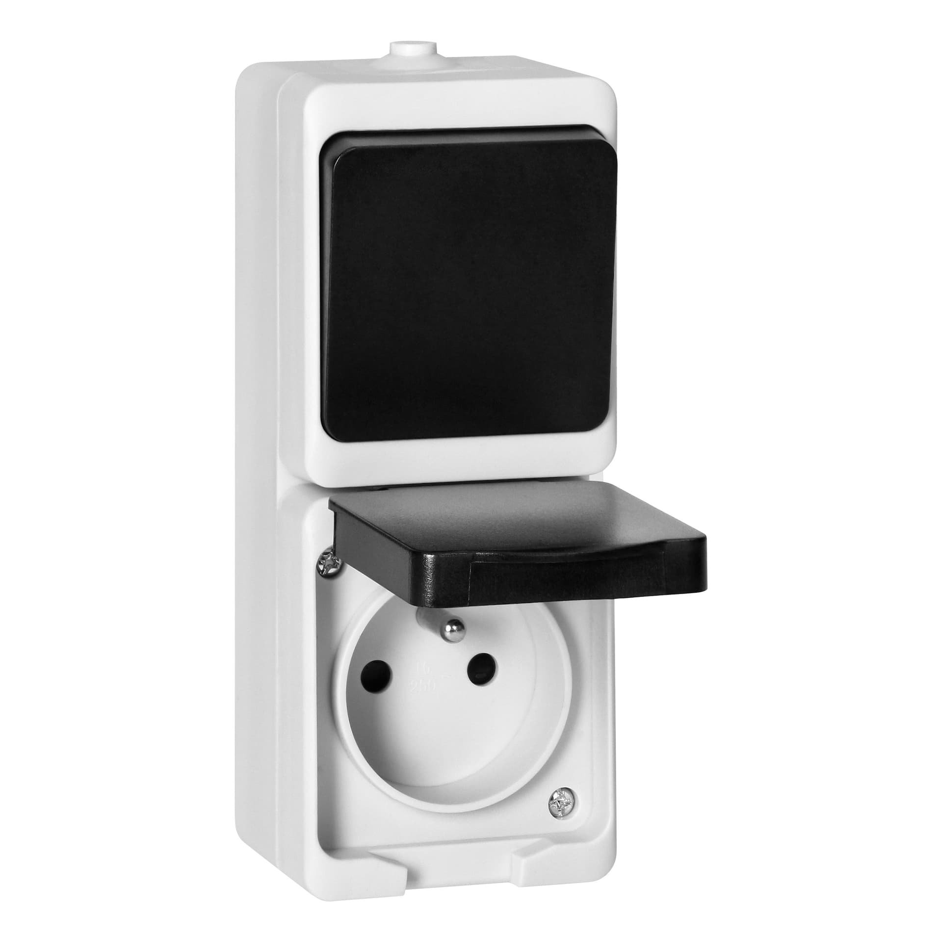 

Łącznik jednobiegunowy + Gniazdo 2P+Z AQUATIC MINI IP 54 biało-czarne