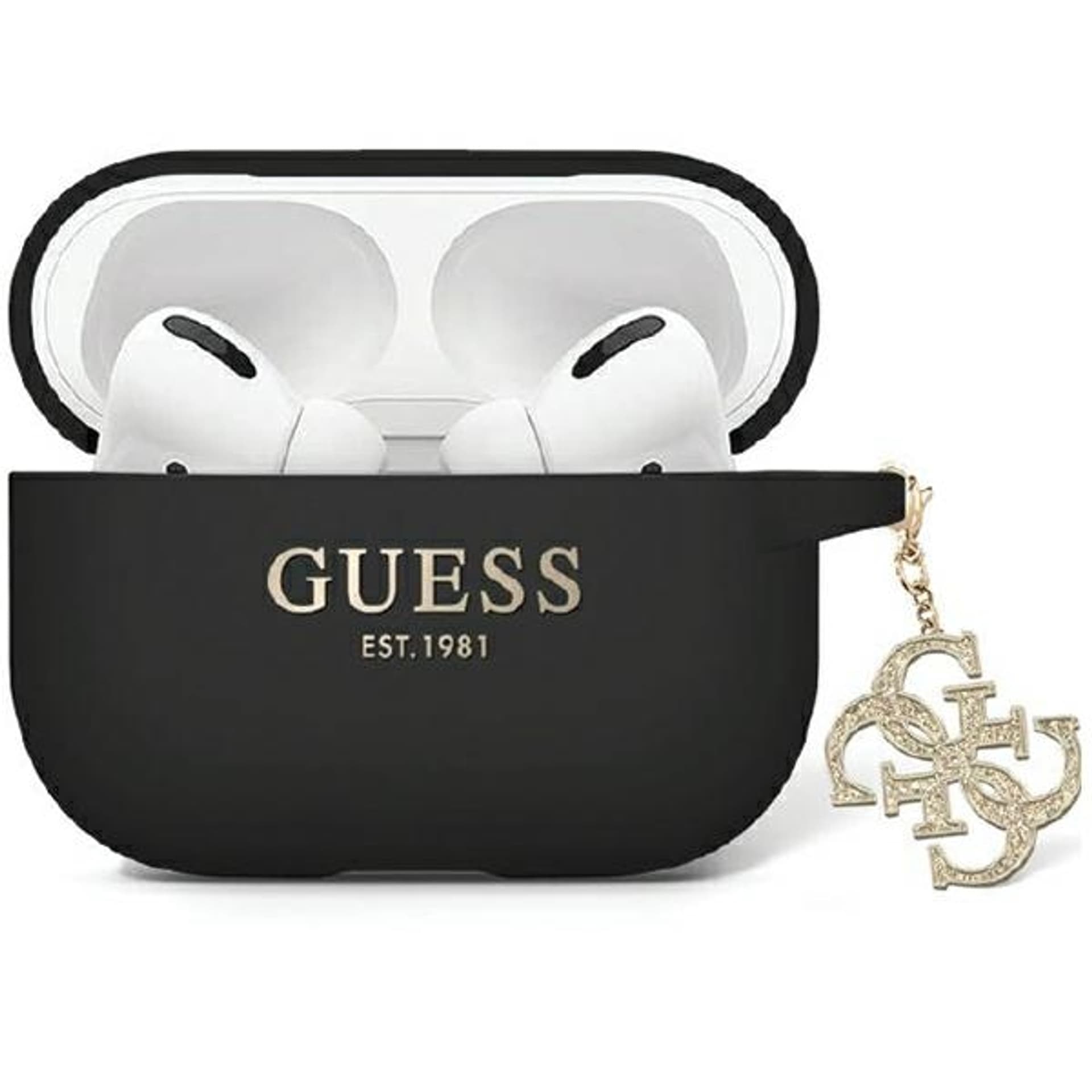 

Guess GUAP2LECG4K AirPods Pro 2 (2022/2023) cover czarny/black Liquid Silicone Glitter Triangle Charm, 2022/2023) cover czarny/black liquid silicone glitter triangle char