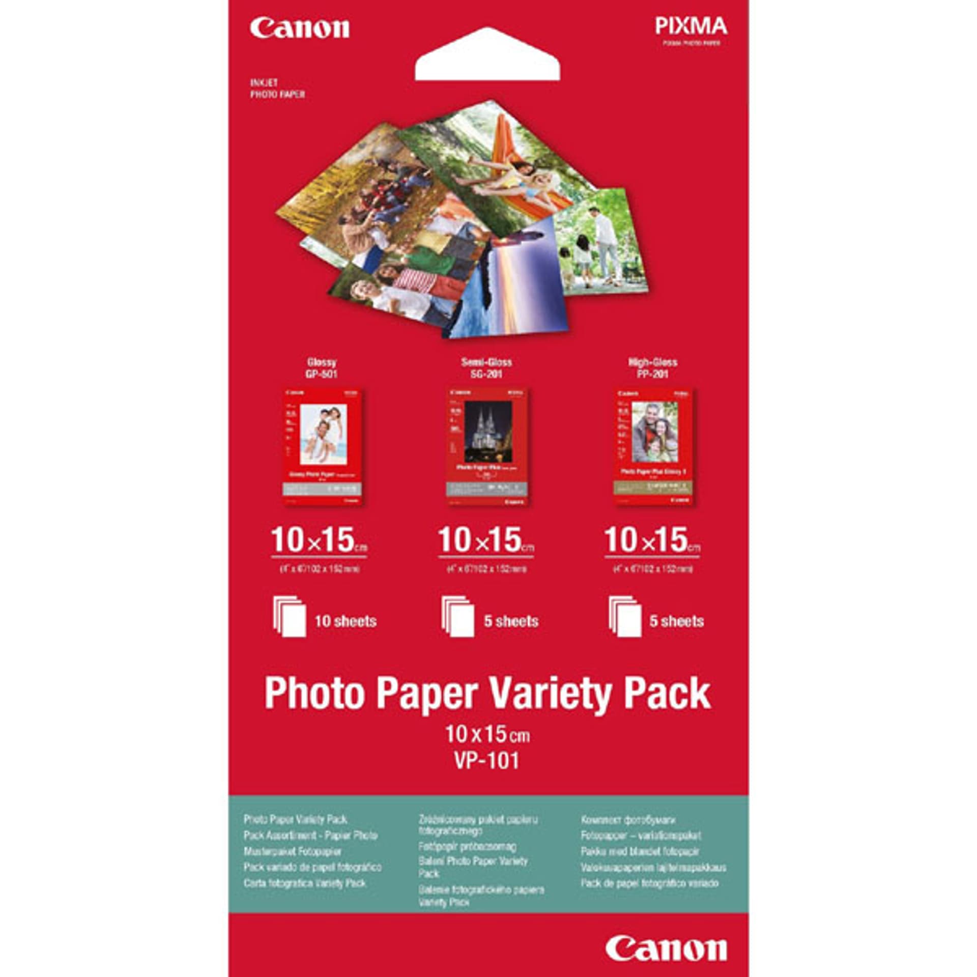 

Canon Photo Paper Variety Pack VP-101, foto papier, 5x PP201, 5x SG201, 10x GP501 typ połysk, biały, 10x15cm, 4x6", 20 szt., 0775B