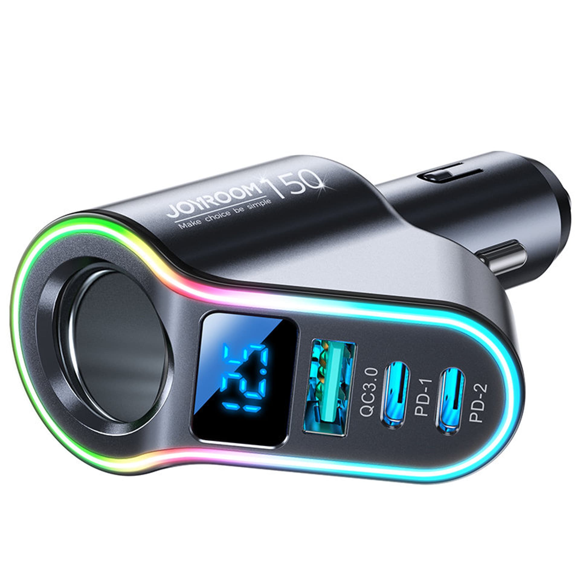 

Joyroom szybka ładowarka samochodowa 4w1 USB-A QC3.0 / 2xUSB-C PD 150W czarna (JR-CL21)