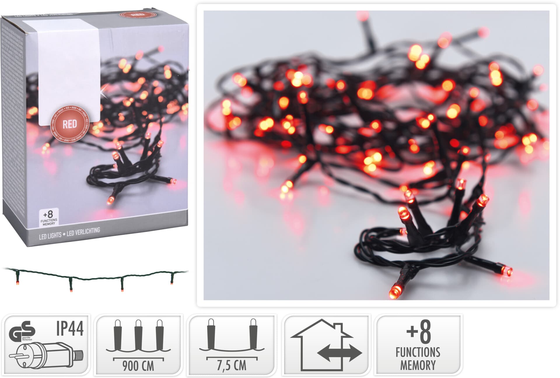 

ŁAŃCUCH LED 120L CZERWONY NA ZEWNĄTRZ 9m +8funkcji