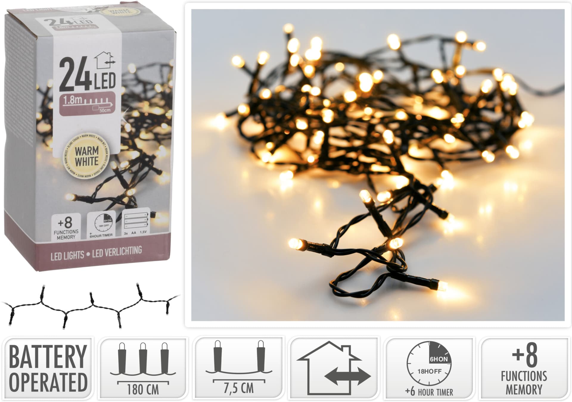 

ŁAŃCUCH LED 24L BO WARM WHITE na bateri e 1,8m +8funkcji 3x AA 1,5V
