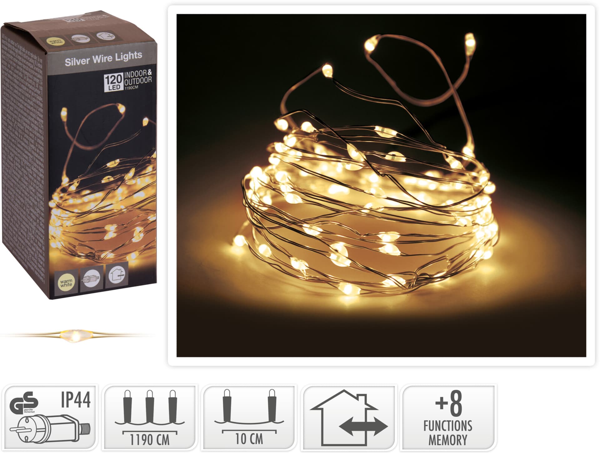 

ŁAŃCUCH LED 120L CIEPŁA BIAŁA 119m +8funkcji