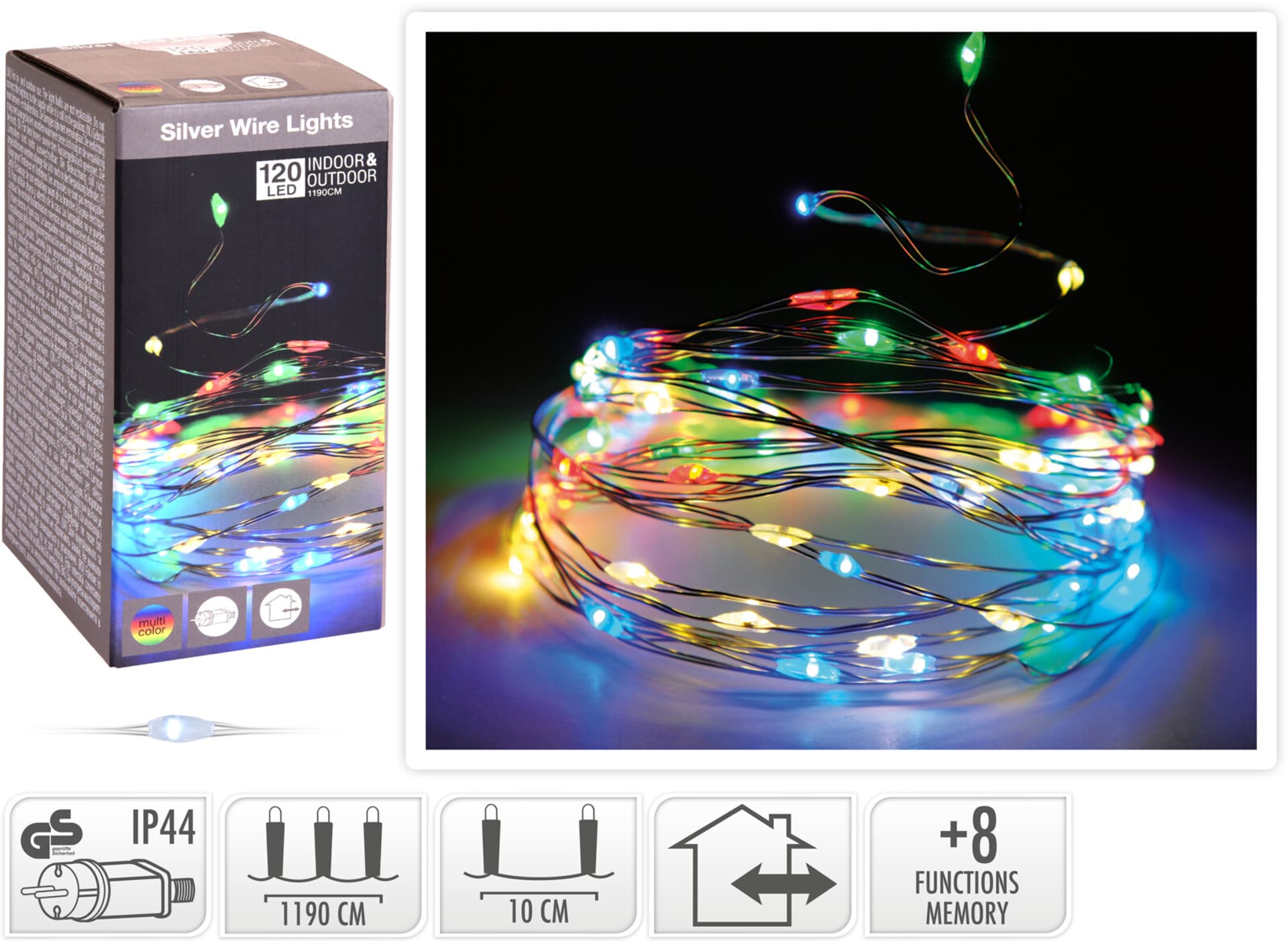 

Lampki świąteczne na srebrnym druciku 120 LED kolorowe programator lampki dekoracyjne