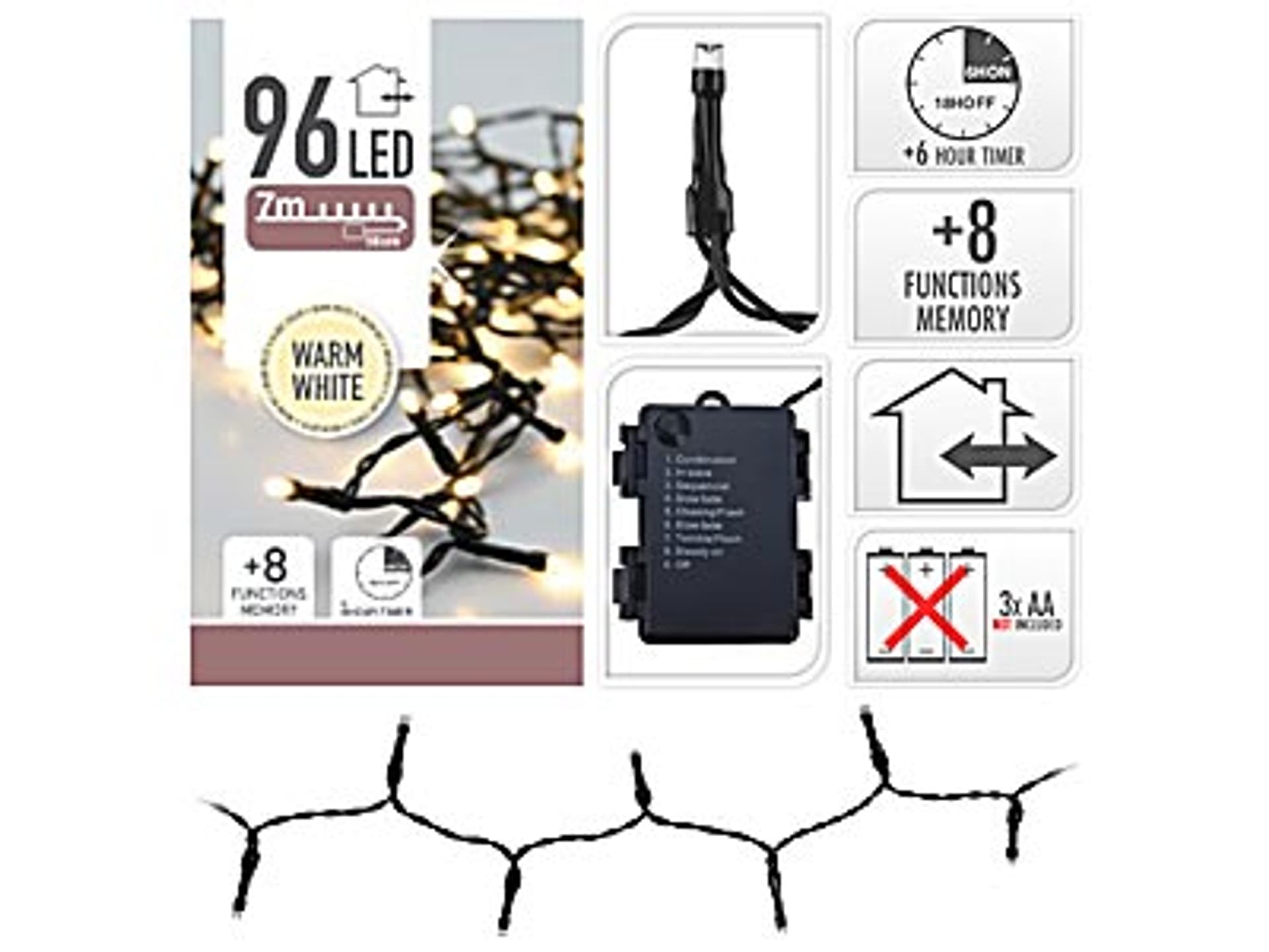 

ŁAŃCUCH LED 96L CIEPŁY 7M na baterie +8funkcji 3x AA 1,5V