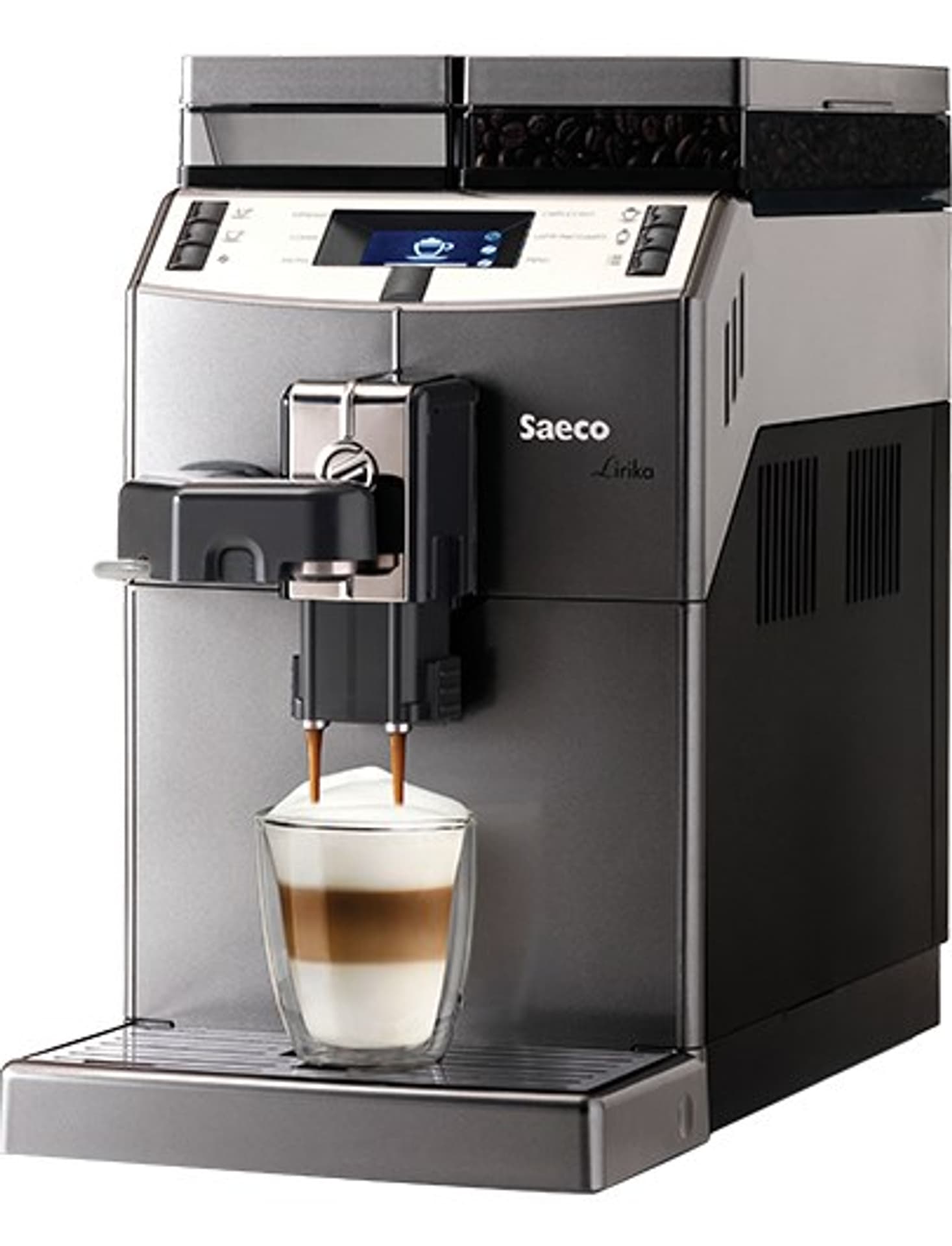 

Saeco Lirika One touch Coffee maker RI9851/01 Built-in milk frother, Fully automatic, 1850 W, Silver