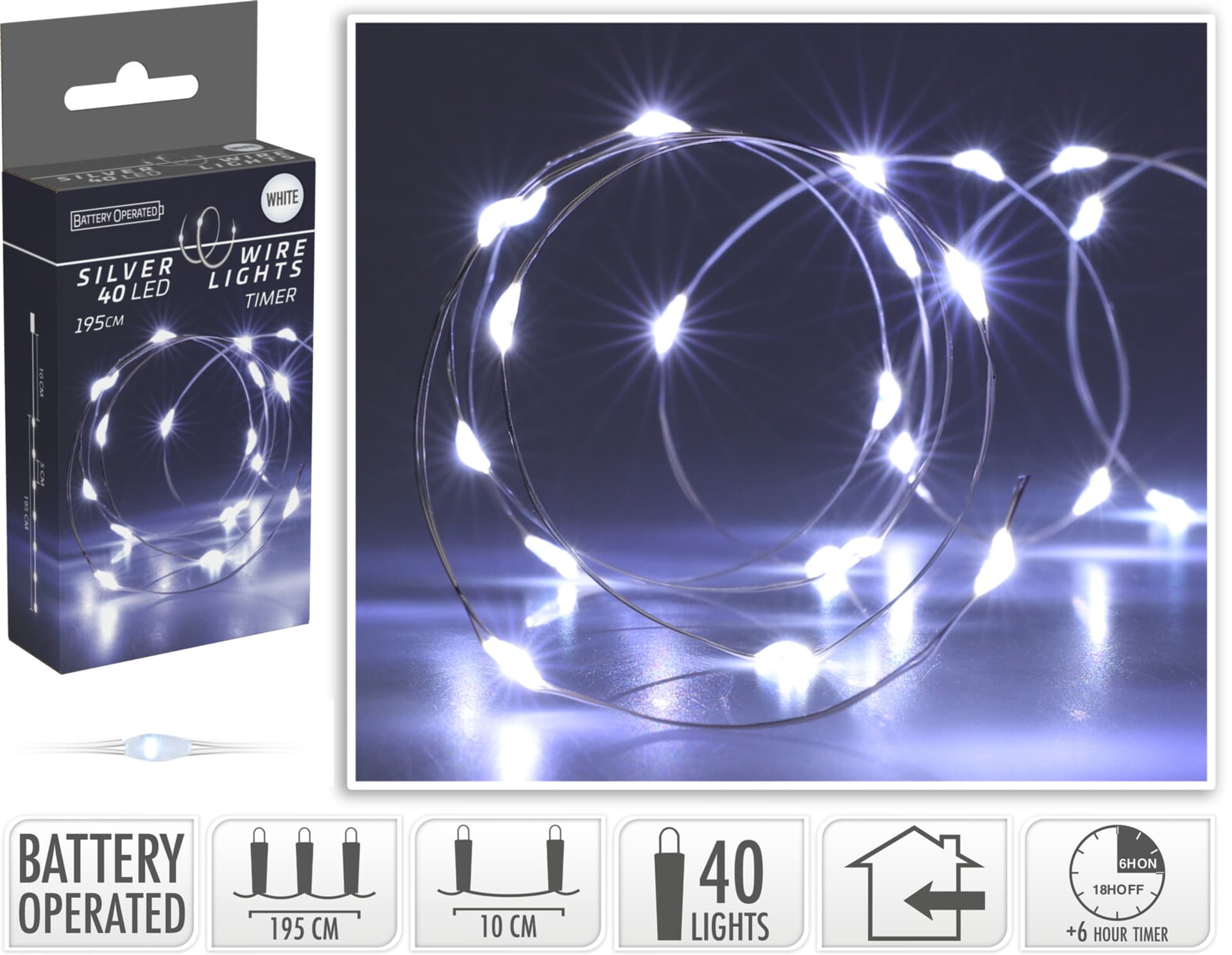

ŁAŃCUCH LED 40L BIAŁY na baterie 195cm timer 3x AA 1,5V