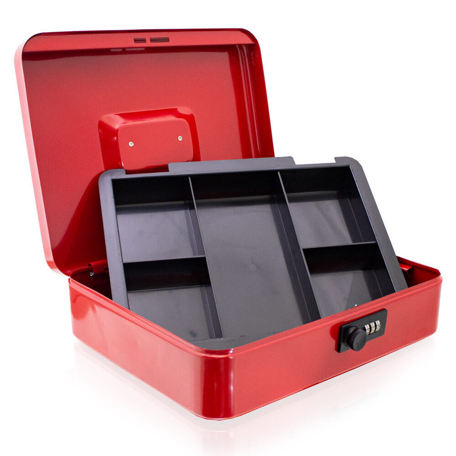 

Kasetka na pieniądze 30cm z wkładem na bilon czerwony schowek metalowy uniwersalny