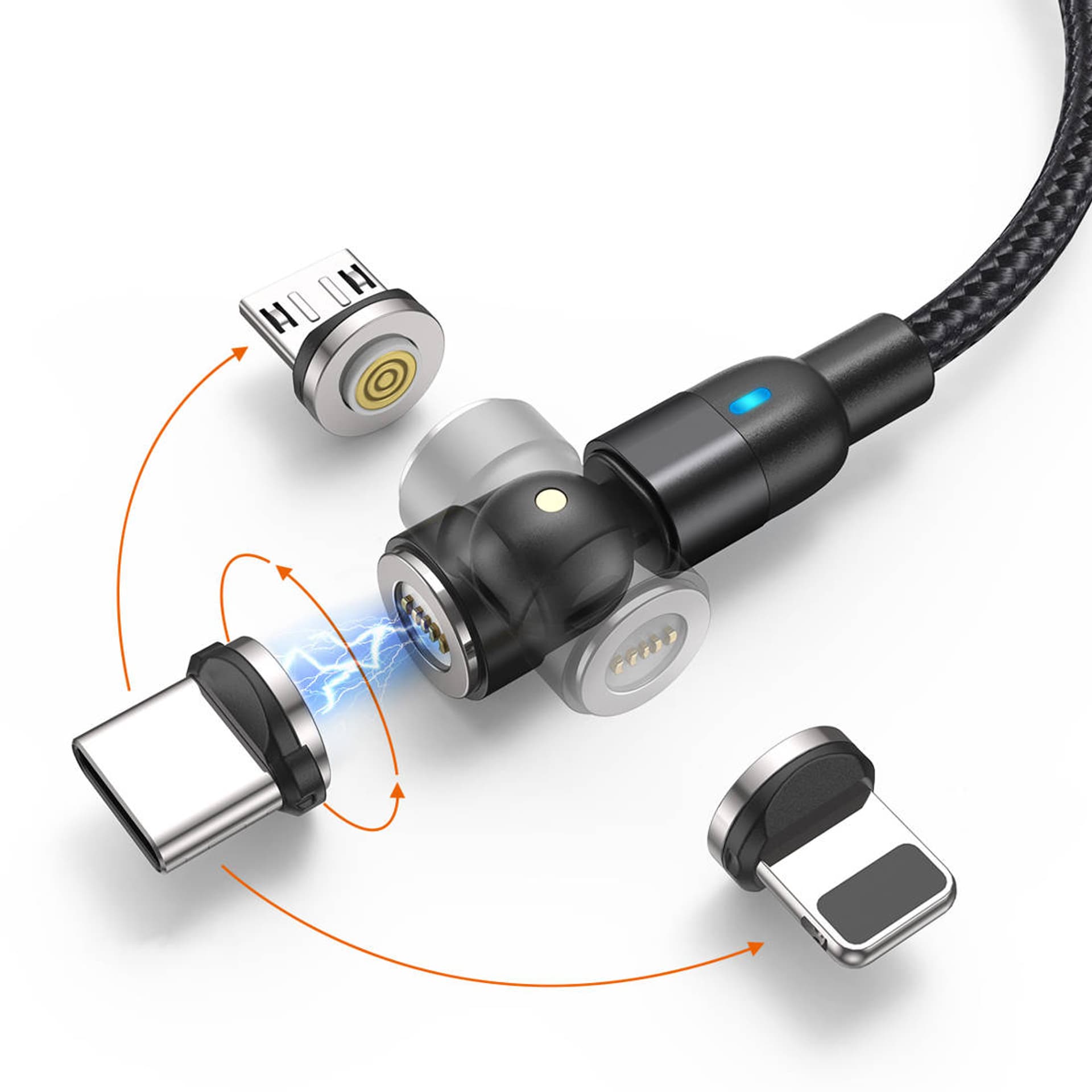 

Magnetyczny Kabel 3w1 3A 1m USB - USB-C + iPhone Lightning + Micro USB (Regulowany Kąt) czarny, Regulowany kąt) czarn