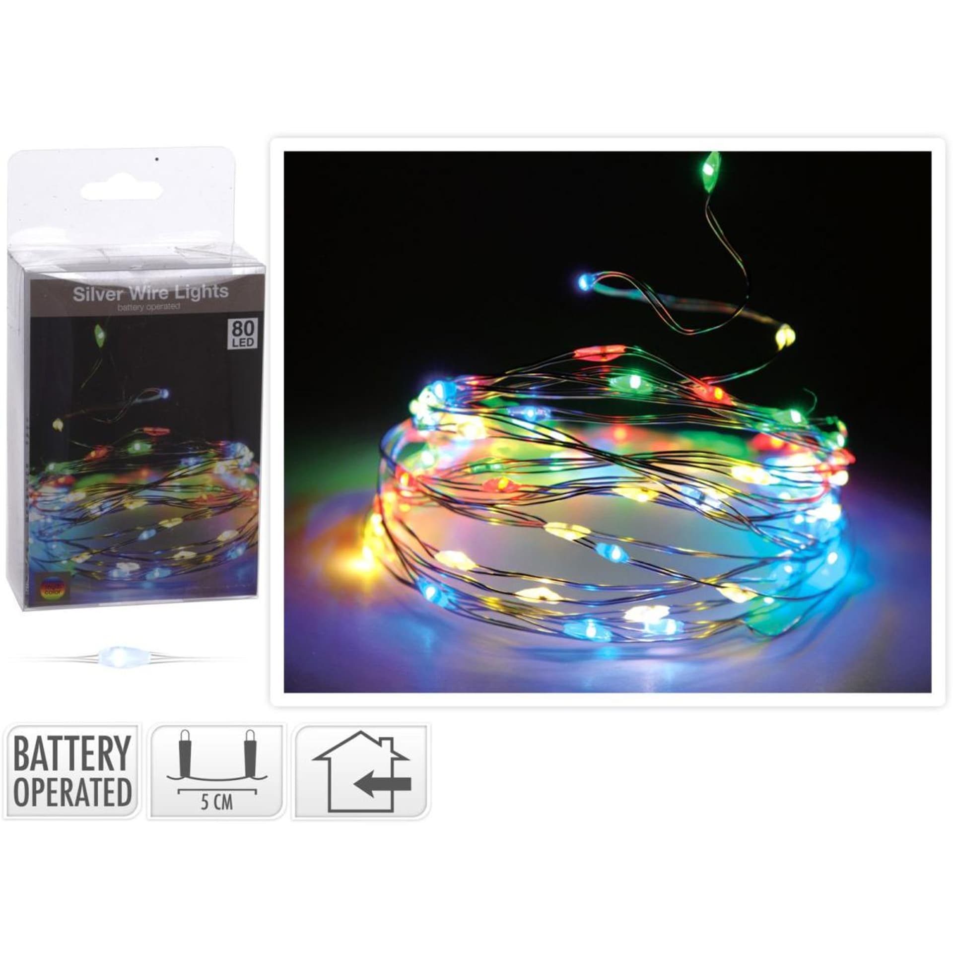 

Lampki na srebrnym druciku 80 LED kolorowe na baterie