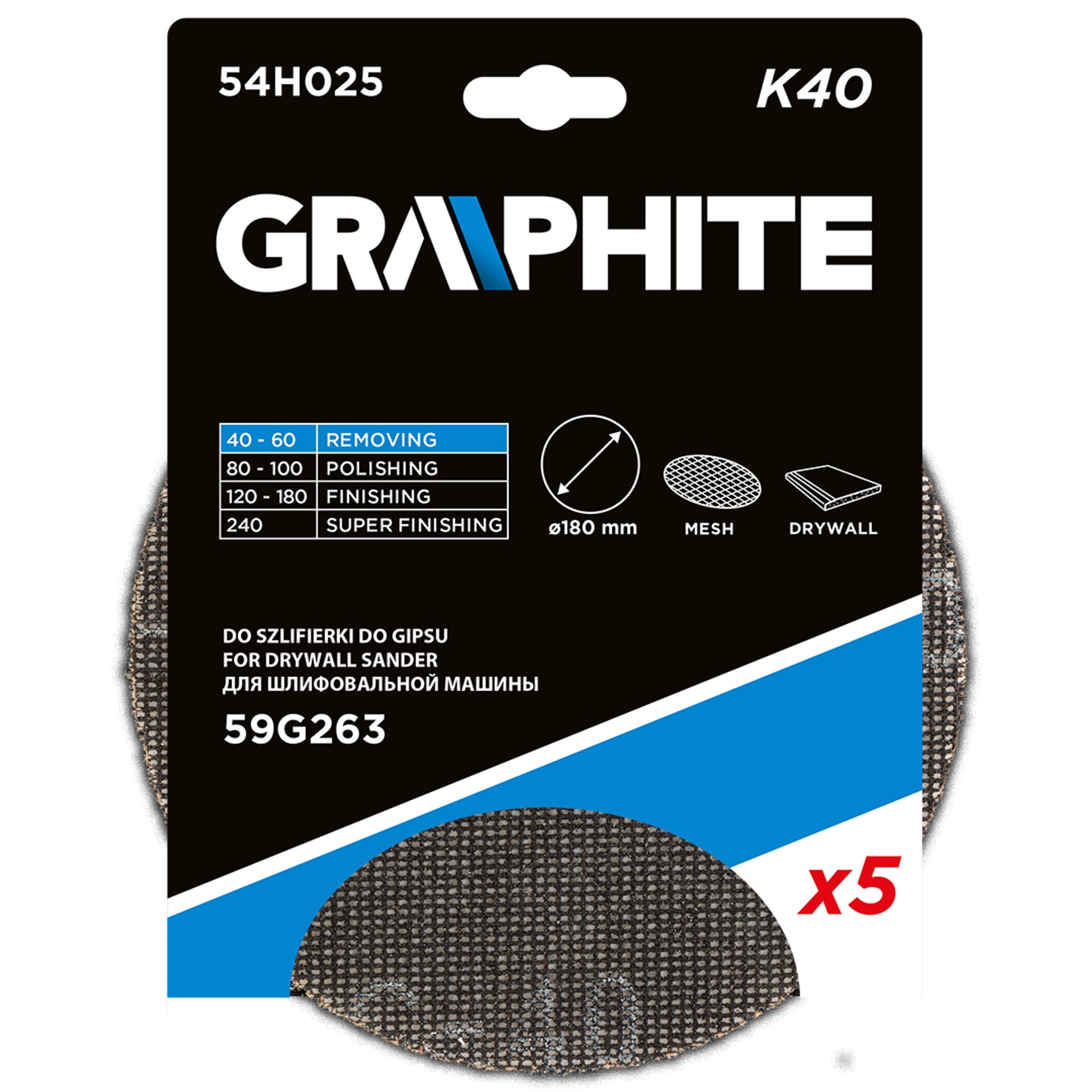 

Siatka ścierna do gipsu na rzep 180 mm, K40, 5szt do szlifierki 59G263