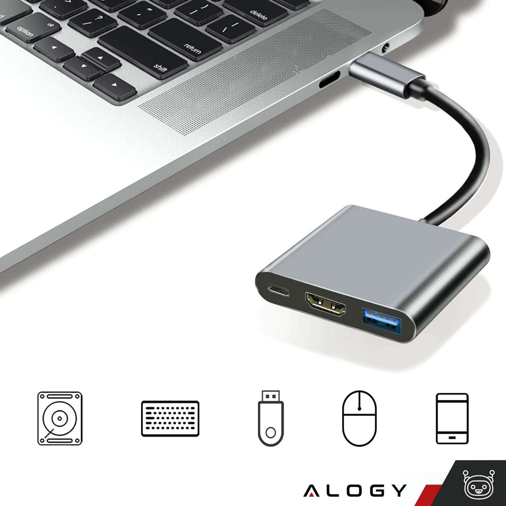 

Adapter przejściówka HUB 3w1 Alogy USB-C na HDMI + USB-C + USB-A 4K 60Hz szary
