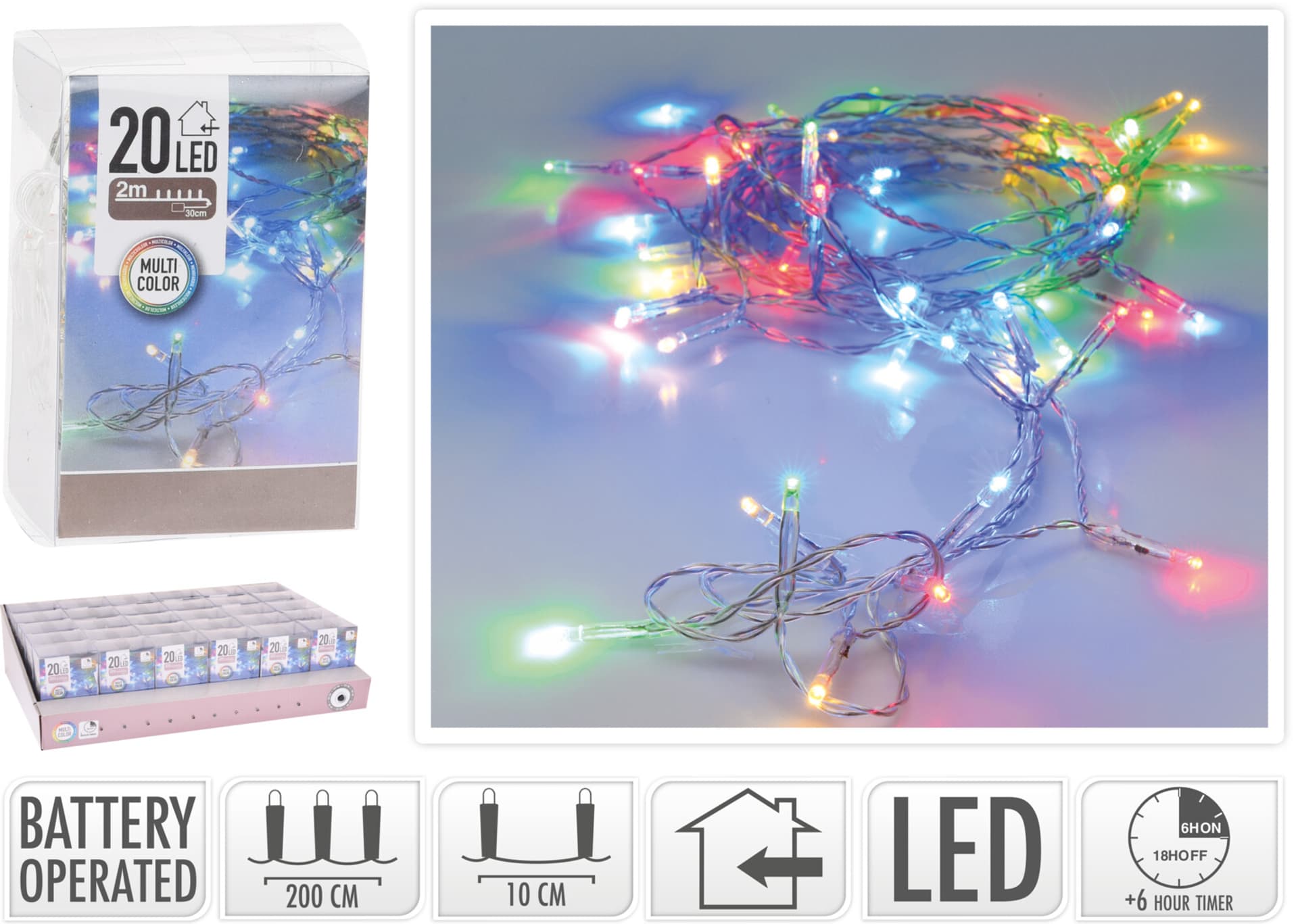 

Łańcuch LED 20L MULTICOLOR TIMER 2M 3 X AA 1,5V