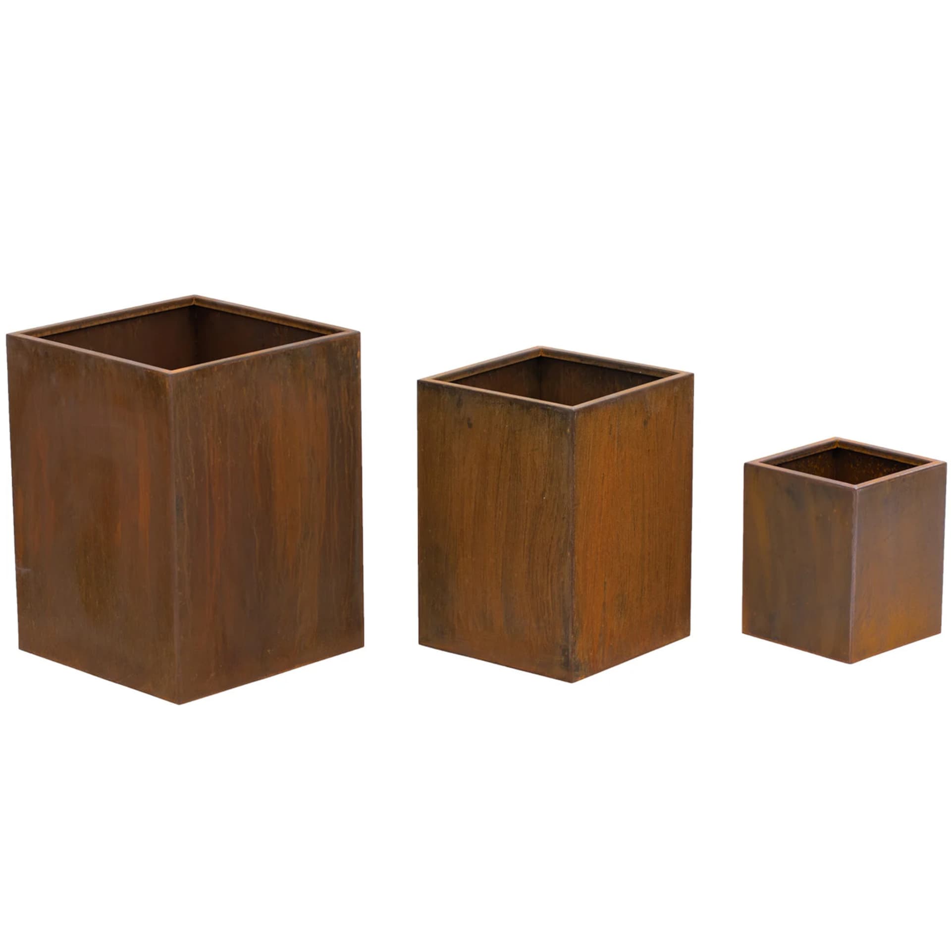 

Zestaw 3 donic kwadratowych 20x20 cm 27x27 cm 32x32 cm - stal corten