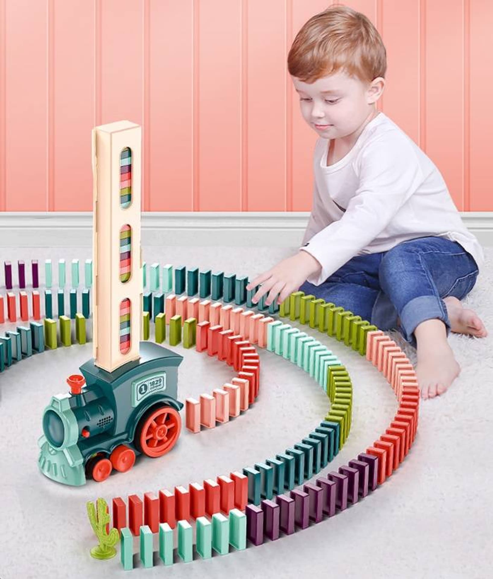 

KOLEJKA POCIĄG LOKOMOTYWA UKŁADAJĄCA KLOCKI DOMINO