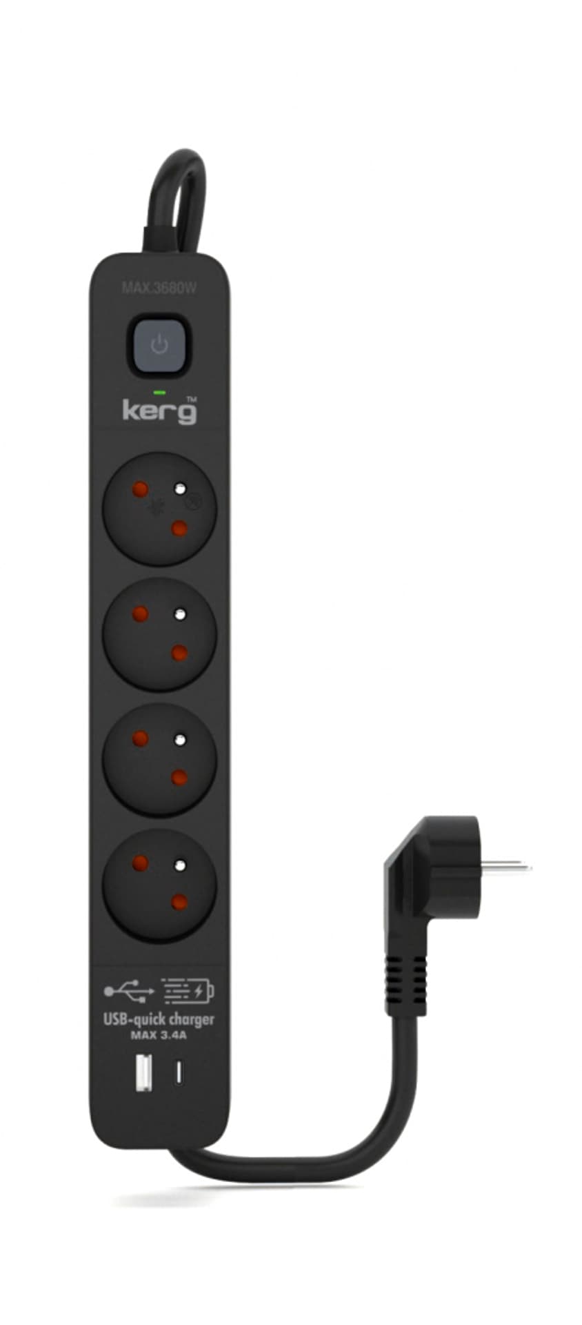 

Urządz. zas.-zabezpiecz. KERG z wyłącznikiem-4 gniazda-USBC+USBA-czarny-1,5m-16A-H05VV-F-3x1,5mm2