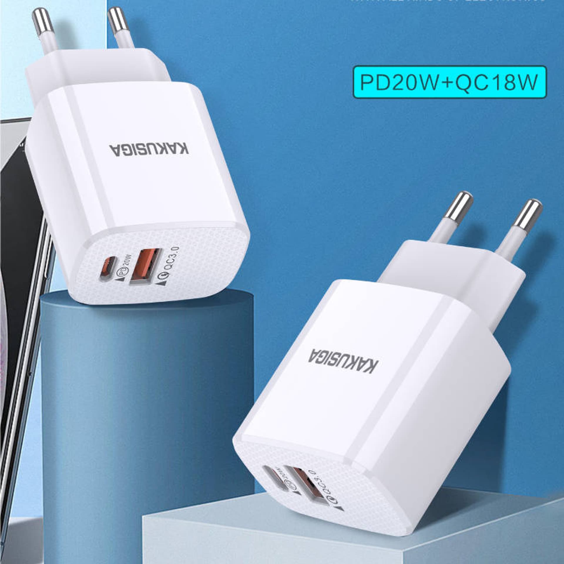 

Ładowarka Sieciowa PD 20W USB-C + QC 18W USB Kakusiga KSC-924 biała