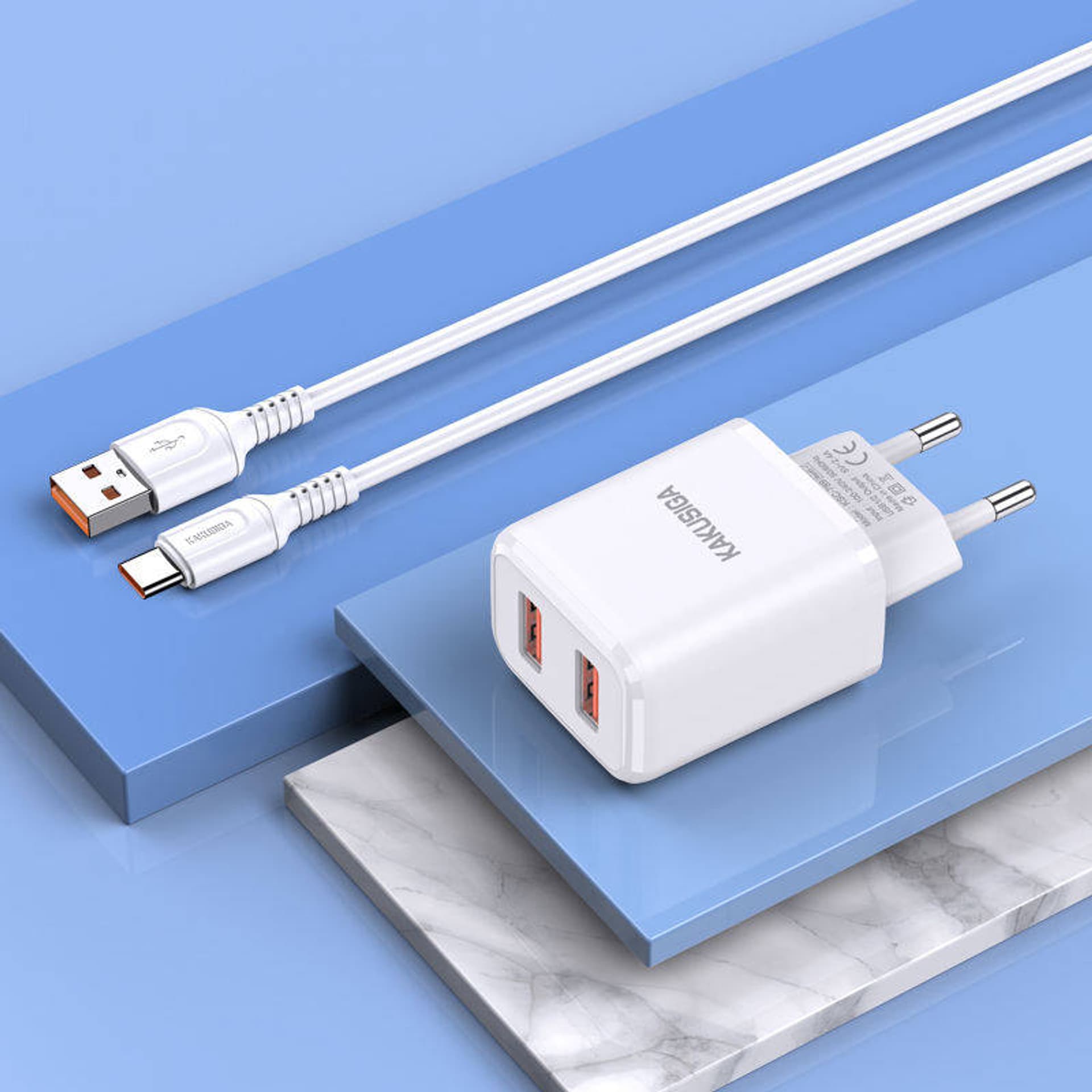 

Ładowarka Sieciowa 2,4A 2x USB + Kabel USB - USB-C KAKUSIGA KSC-793 biała