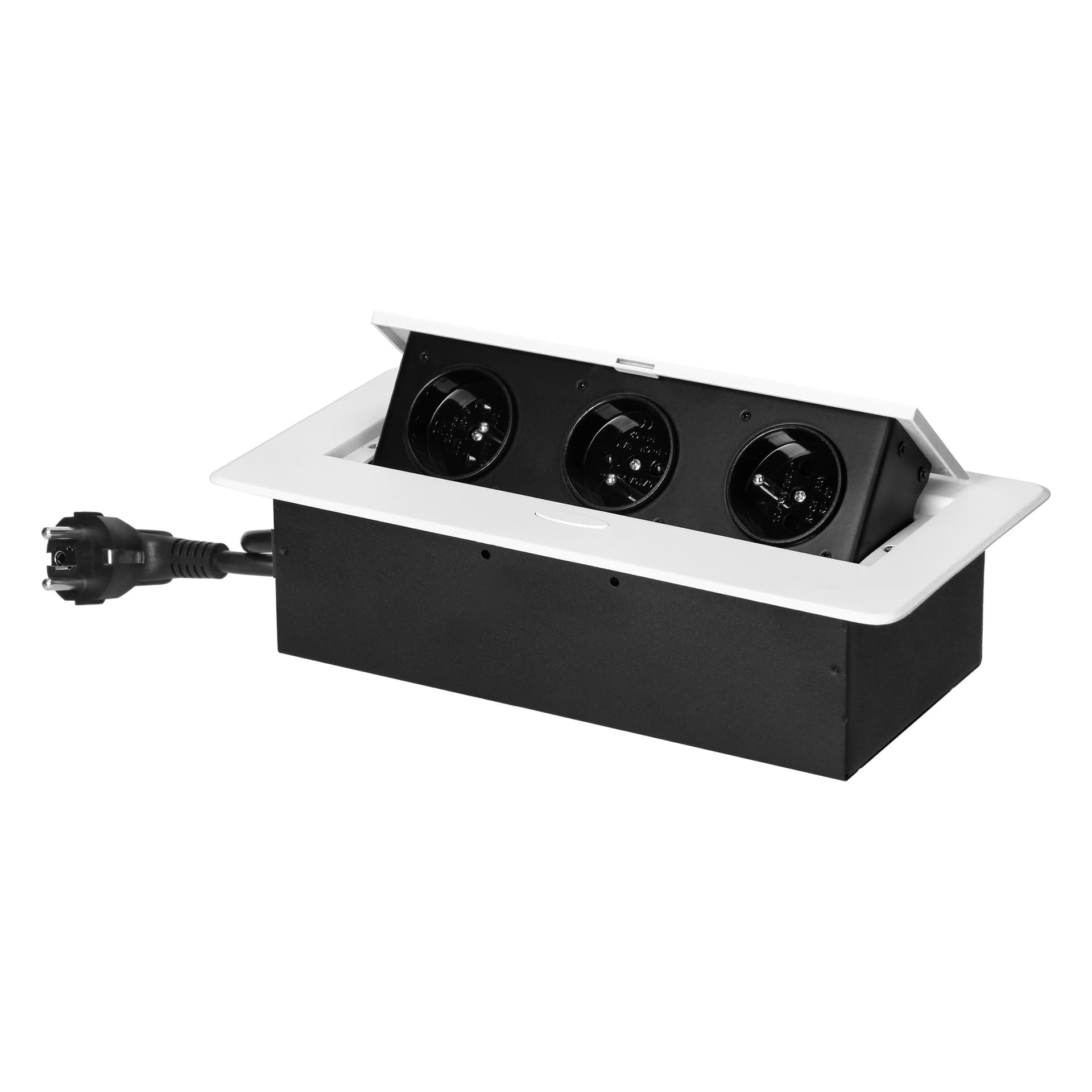 

Gniazdo meblowe wpuszczane w blat z płaskim frezowanym rantem i przewodem 1,5m, 3x2P+Z, białe