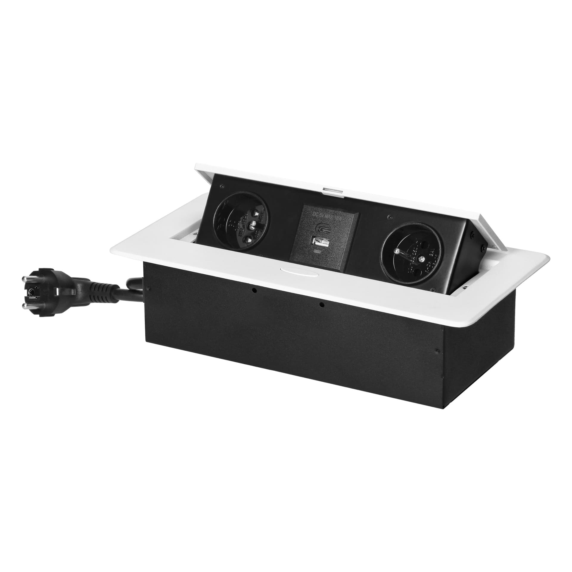 

Gniazda meblowe wpuszczane w blat z płaskim frezowanym rantem, ładowarką USB i przewodem 1,5m, 2x2P+Z, 2xUSB (typ A+C; 3,6A), białe, Typ a+c;3.6a)/biał