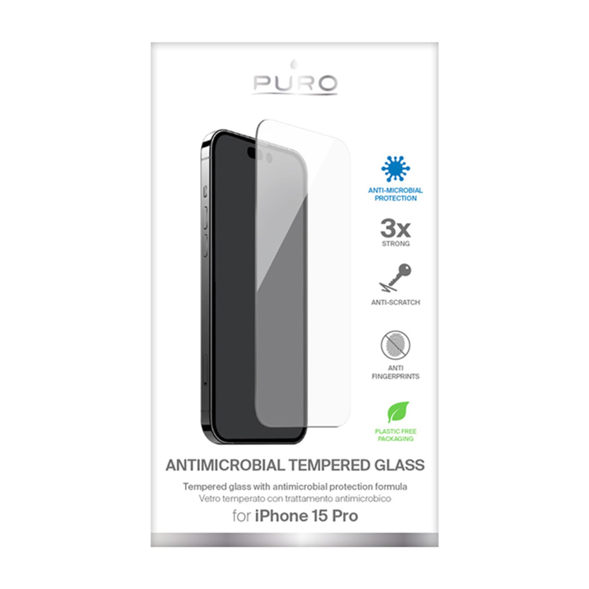 

PURO Anti-Bacterial Tempered Glass - Szkło ochronne hartowane z ochroną antybakteryjną iPhone 15 Pro