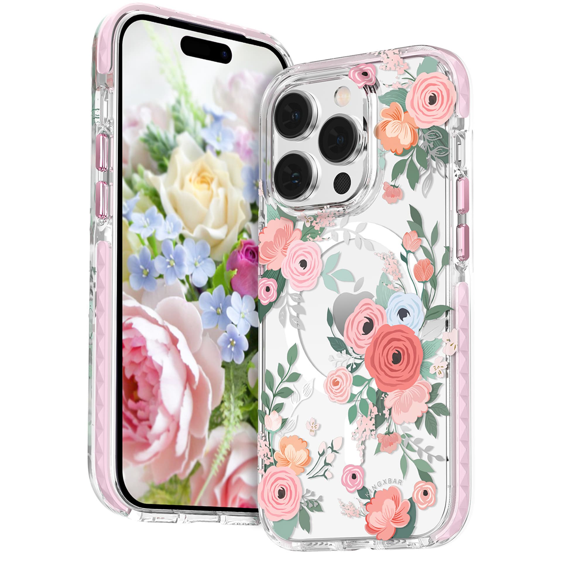 

Kingxbar Flora Series magnetyczne etui iPhone 14 Plus MagSafe ozdobione nadrukiem w kwiaty rose