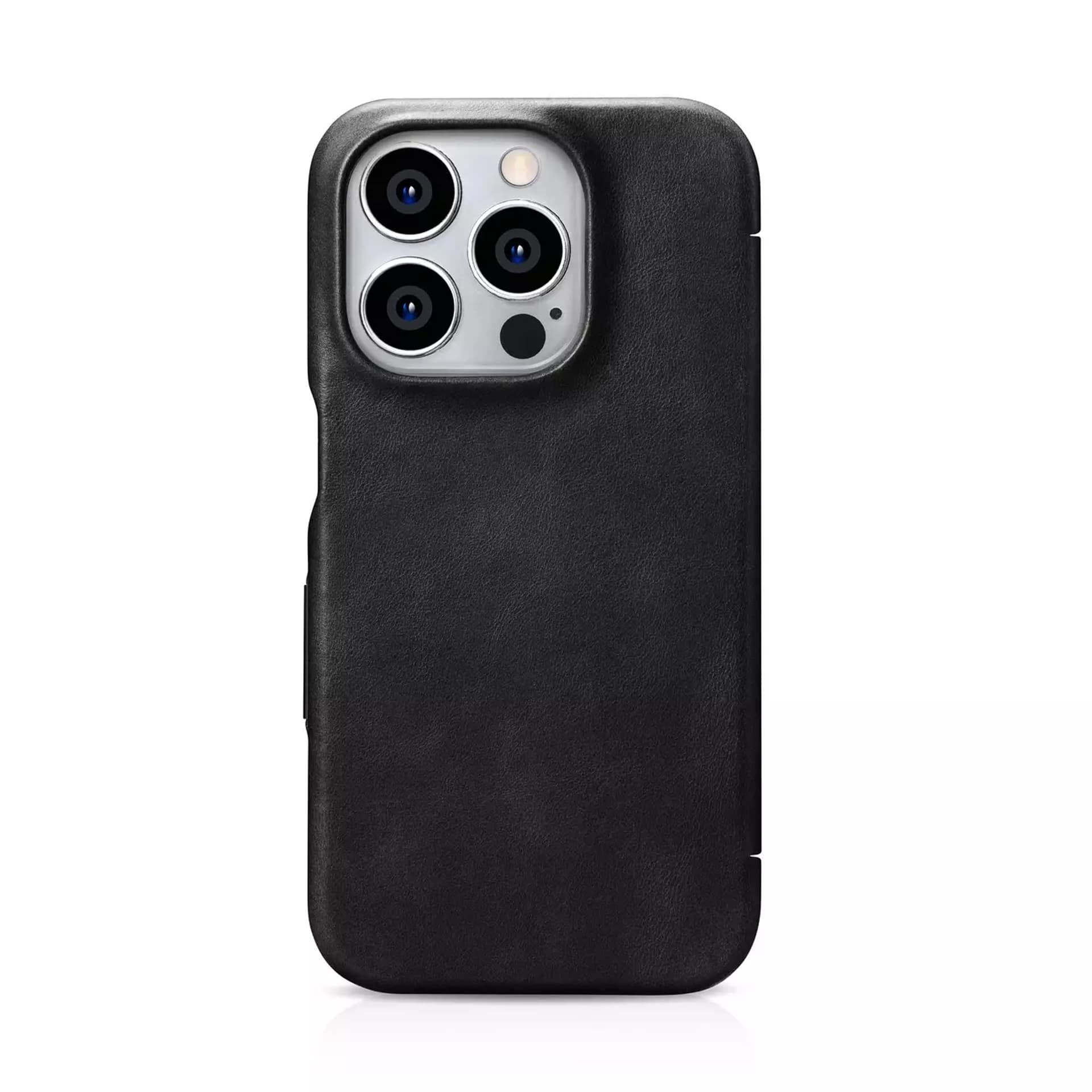 

Skórzane kompatybilne z MagSafe etui z klapką do iPhone 15 Pro iCarer Curved Edge Oil Wax Real Leather Folio Case - czarne