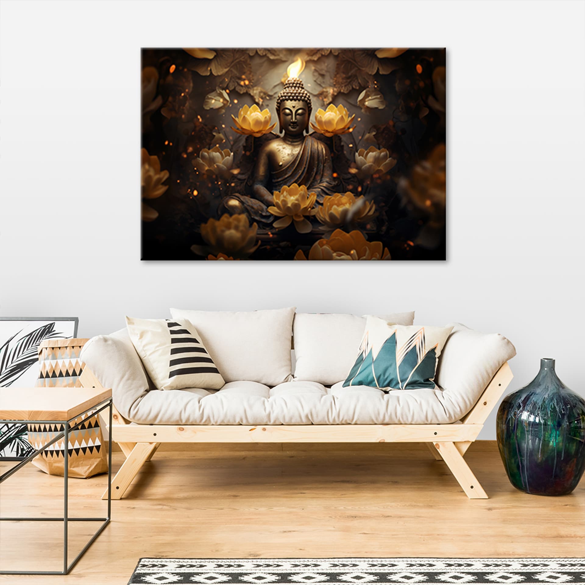

Obraz na płótnie, Złoty Budda i kwiaty lotosu (Rozmiar 90x60)