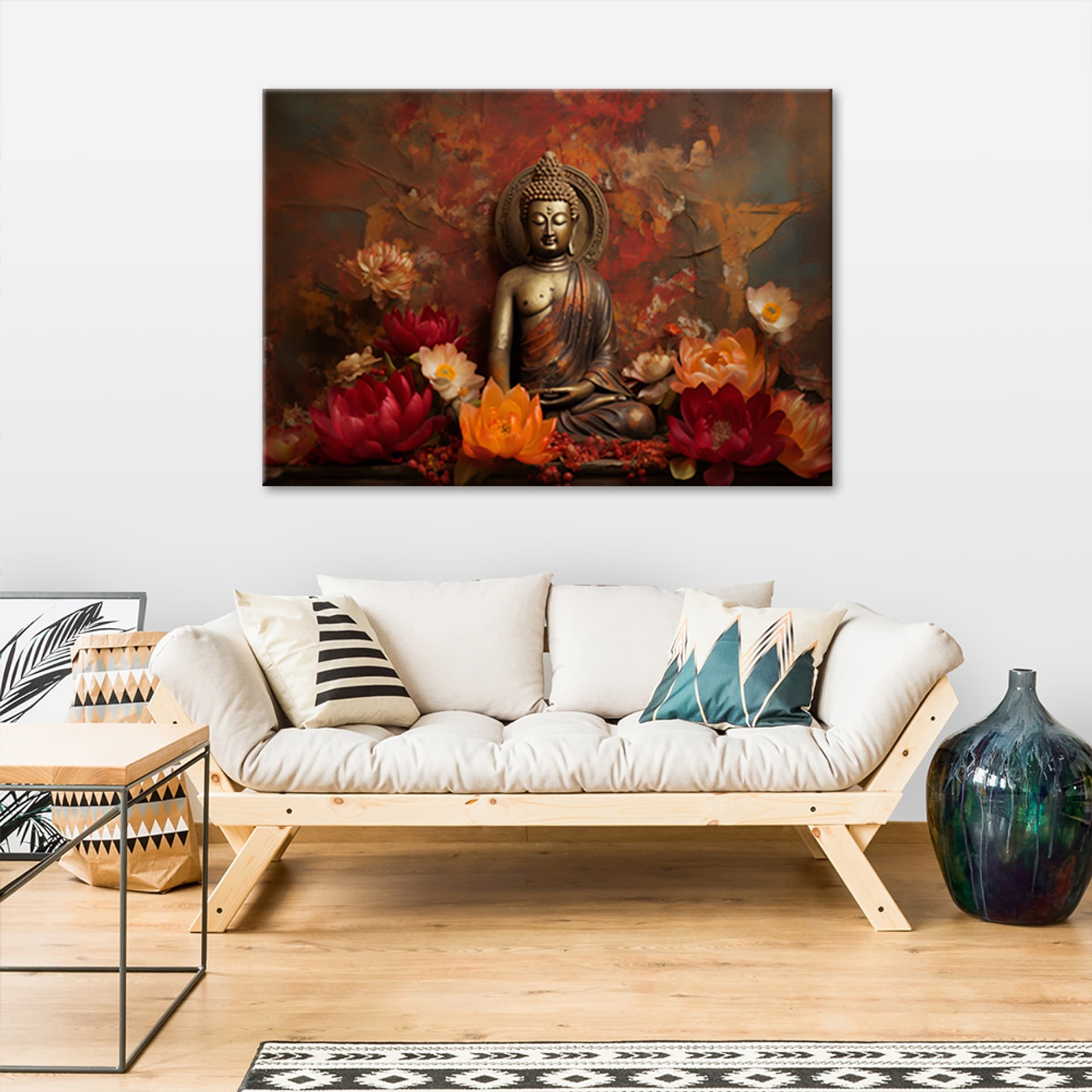 

Obraz na płótnie, Medytuący Budda i kolorowe kwiaty (Rozmiar 60x40)