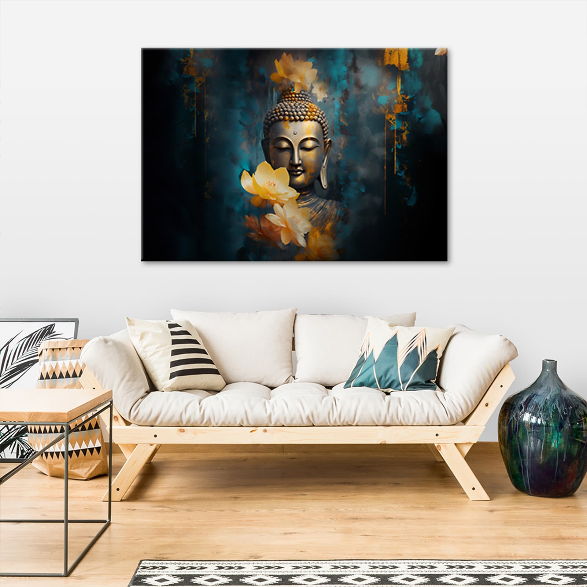 

Obraz na płótnie, Budda i złote kwiaty (Rozmiar 100x70)