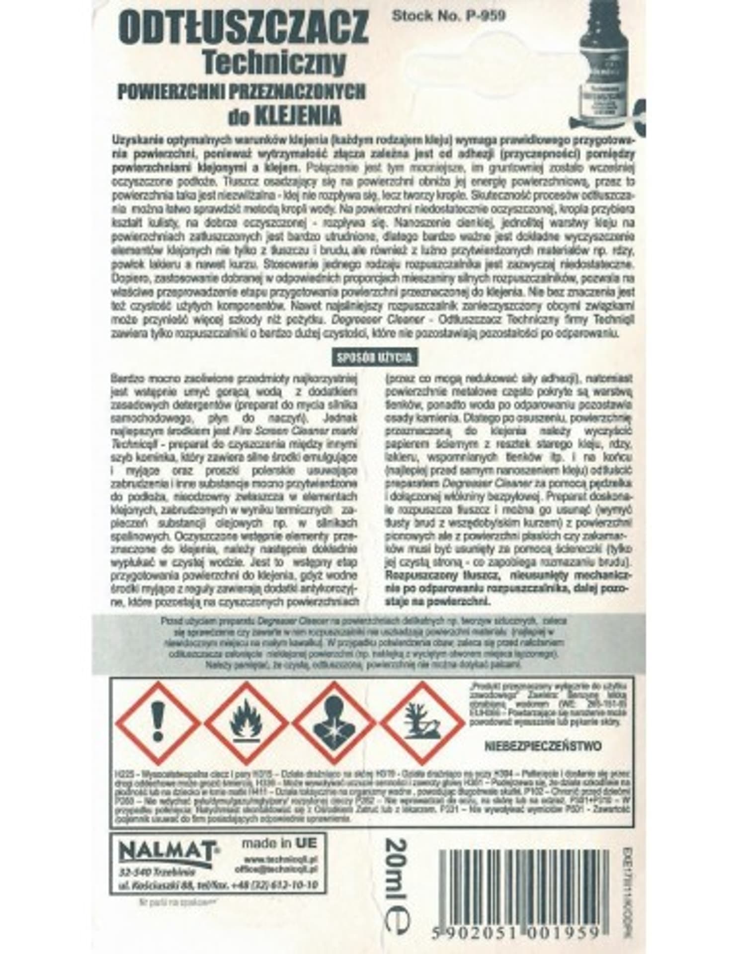 

ODTŁUSZCZACZ TECHNICZNY P-959 TECHNICQLL 20ML