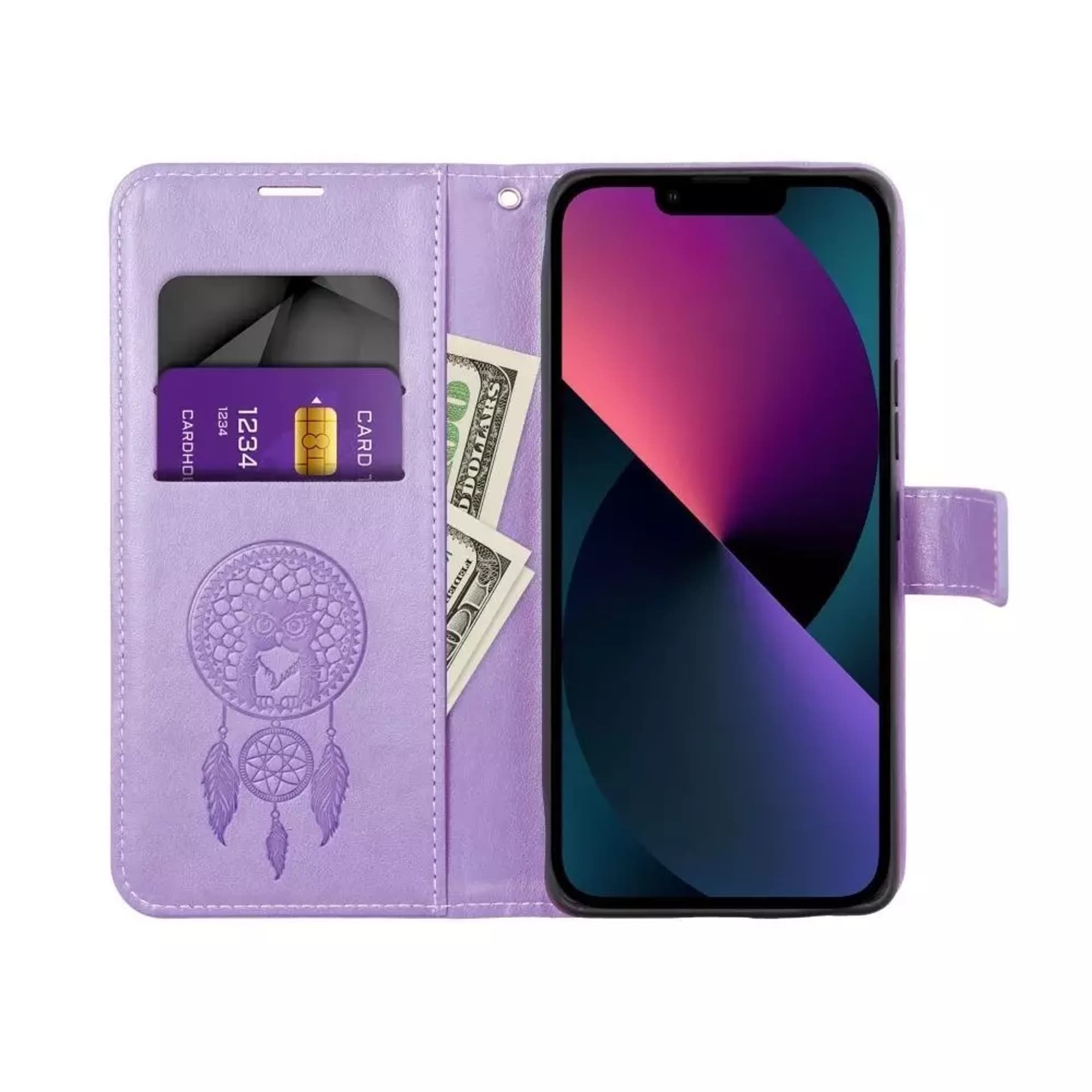 

Etui z klapką zamykane Kabura MEZZO Book do iPhone 15 Pro łapacz snów fioletowy