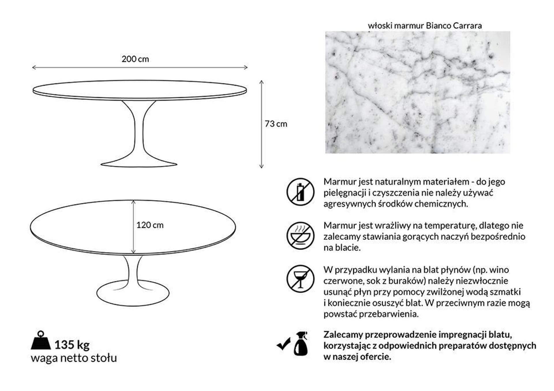 

Stół TULIP ELLIPSE MARBLE CARRARA biały - blat owalny marmurowy, metal