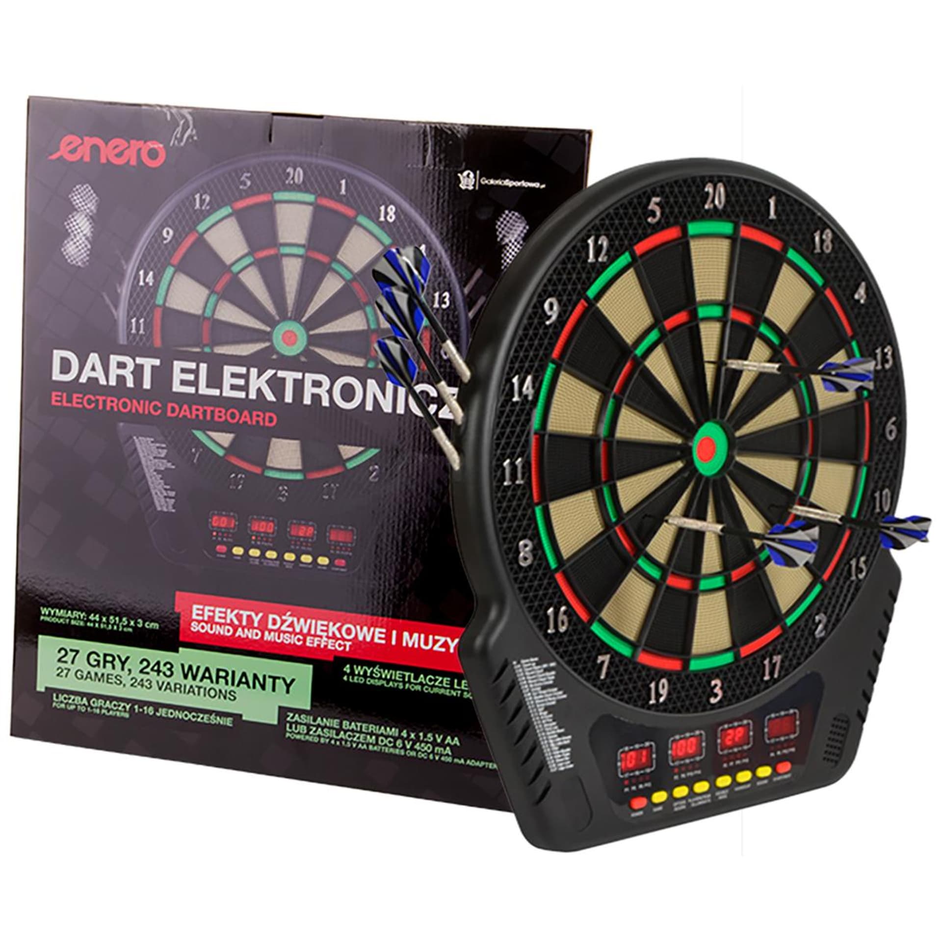 

DART ELEKTRONICZNY Z ZASILACZEM I 4 LICZNIKAMI ENERO 51,5 CM