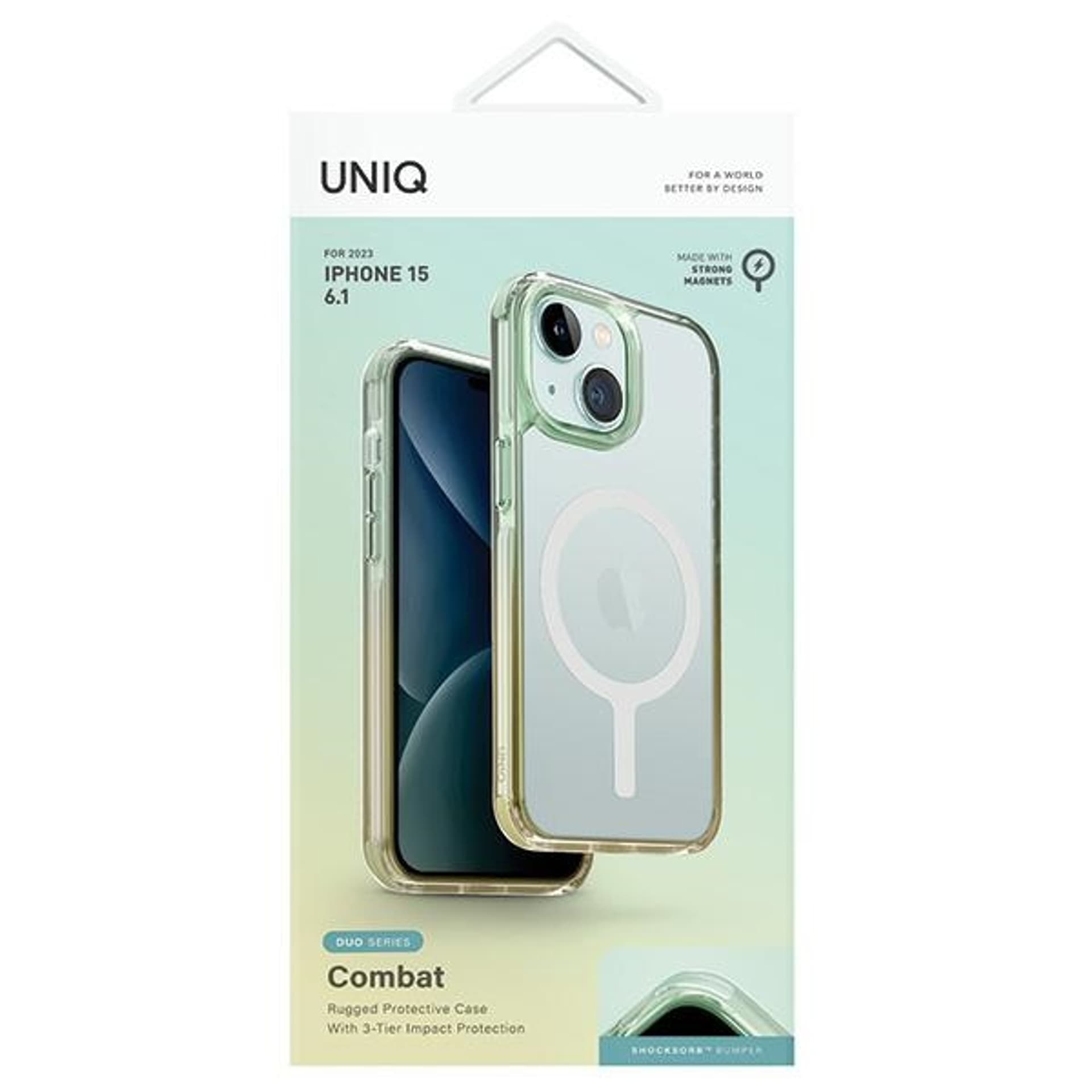 

UNIQ etui Combat Duo iPhone 15 6.1" Magclick Charging zielono-żółty/sea green-soft yellow