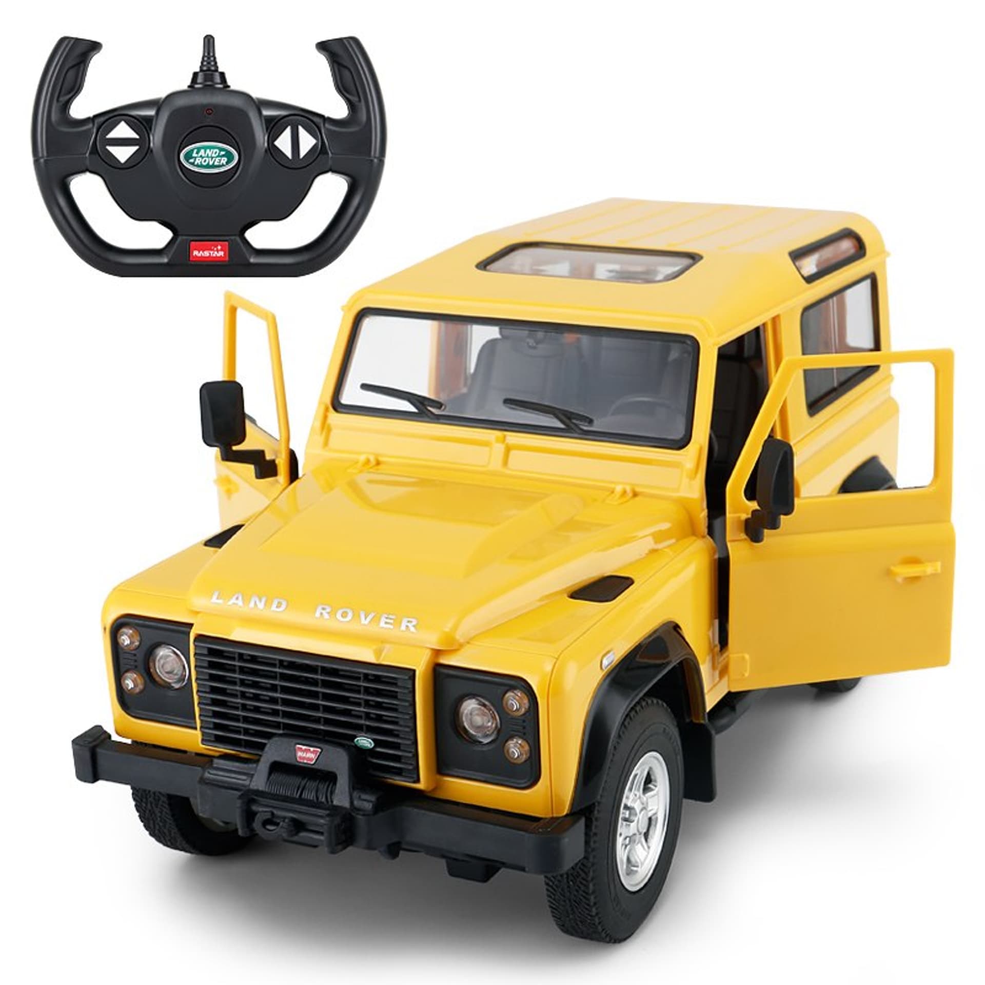 

Land Rover Defender żółty RASTAR model 1:14 Zdalnie sterowanie auto + Pilot 2,4 GHz + Ręcznie otwierane drzwi