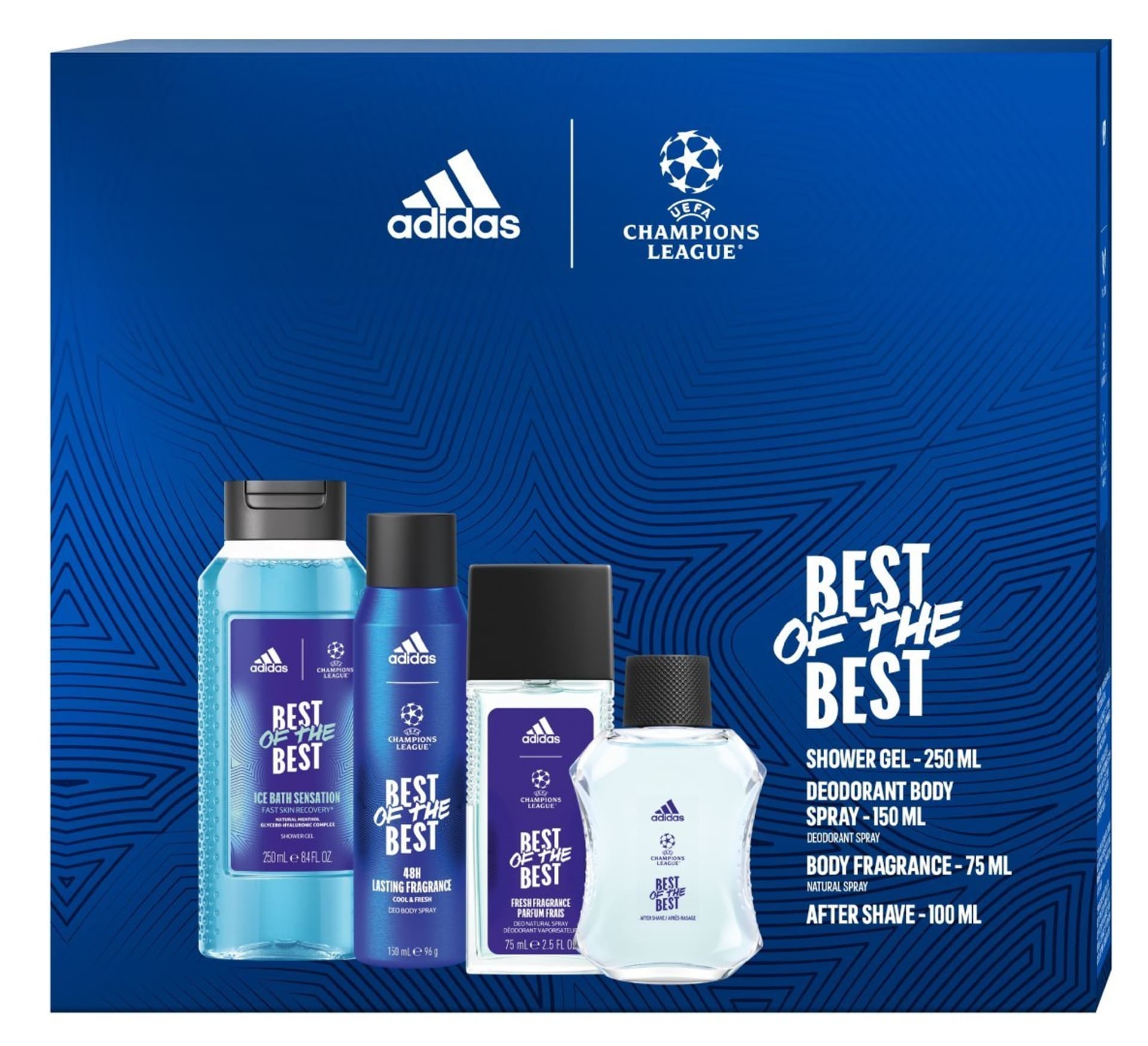 

ADIDAS UEFA CHAMPIONS LEAGUE Zestaw prezentowy Best of The Best (Woda po goleniu 100ml + Żel pod prysznic 3w1 250ml+Deo spray 150ml+Deo naturalny spray 75ml)