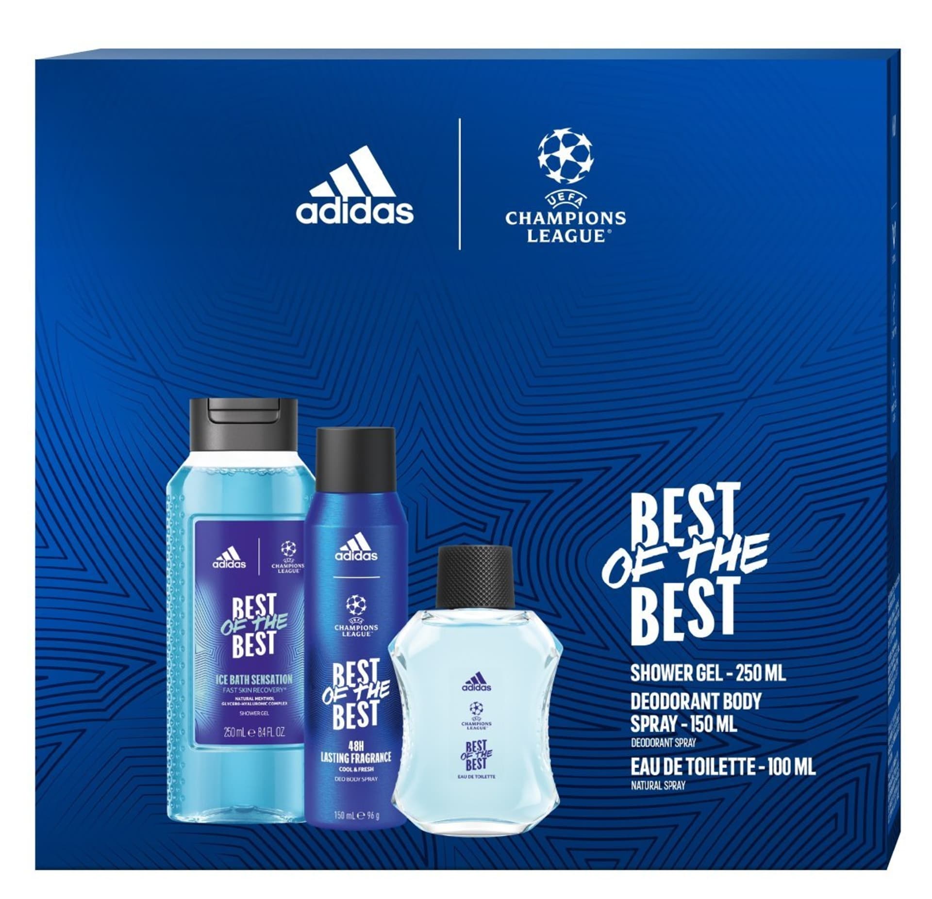 

ADIDAS UEFA CHAMPIONS LEAGUE Zestaw prezentowy Best of The Best (Woda toaletowa 100ml+Żel pod prysznic 3w1 250ml+Dezodorant spray 150ml)
