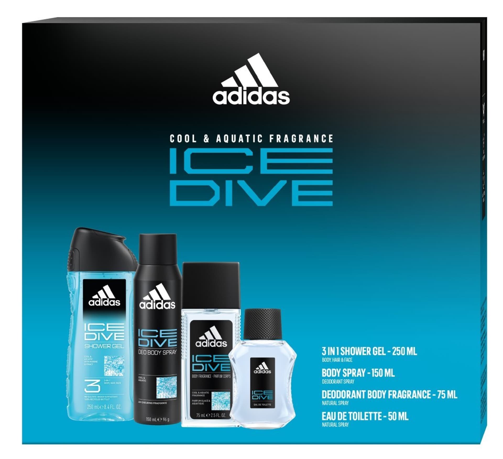 

ADIDAS Zestaw prezentowy Ice Dive (Dezodorant naturalny spray 75ml+Dezodorant spray 150ml+Żel pod prysznic 3w1+Woda toaletowa 50ml)